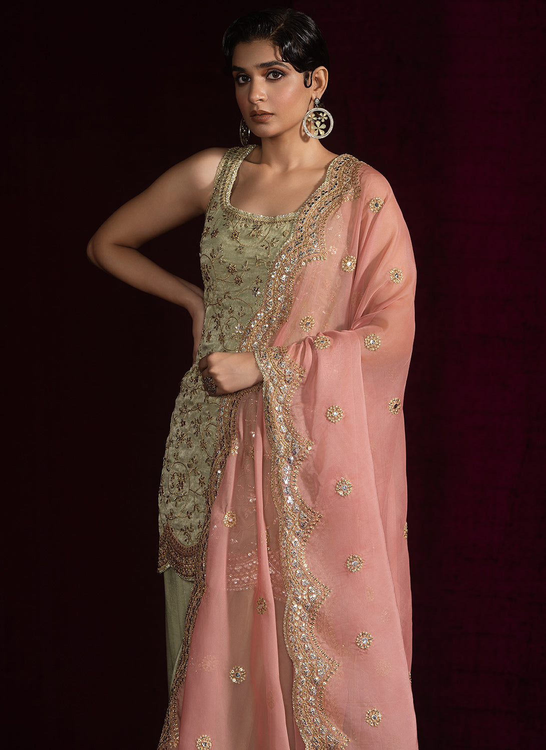 Light Green and Pink Embroidered Punjabi Suit for Women | Traditional Indian Ethnic Dress | Perfect for Weddings, Festivals & Special Occasions