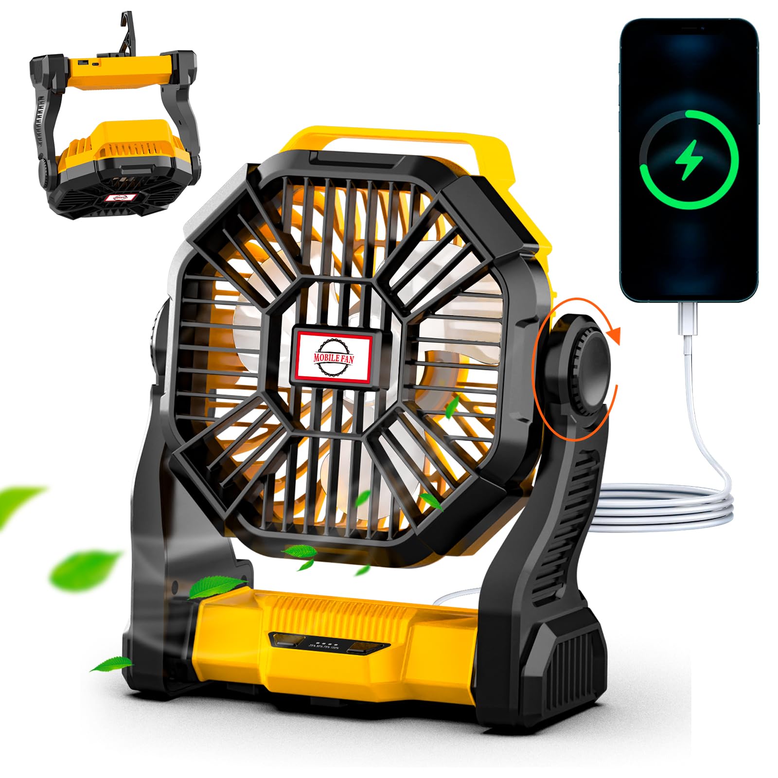 Lostrain Rechargeable Camping Fan with LED Light - 36H Runtime, 10400mAh Battery, USB Portable Desk Fan - Ultra Quiet with Hanging Hook - Perfect for Outdoor Camping, Picnic, BBQ, Fishing & Travel - Yellow