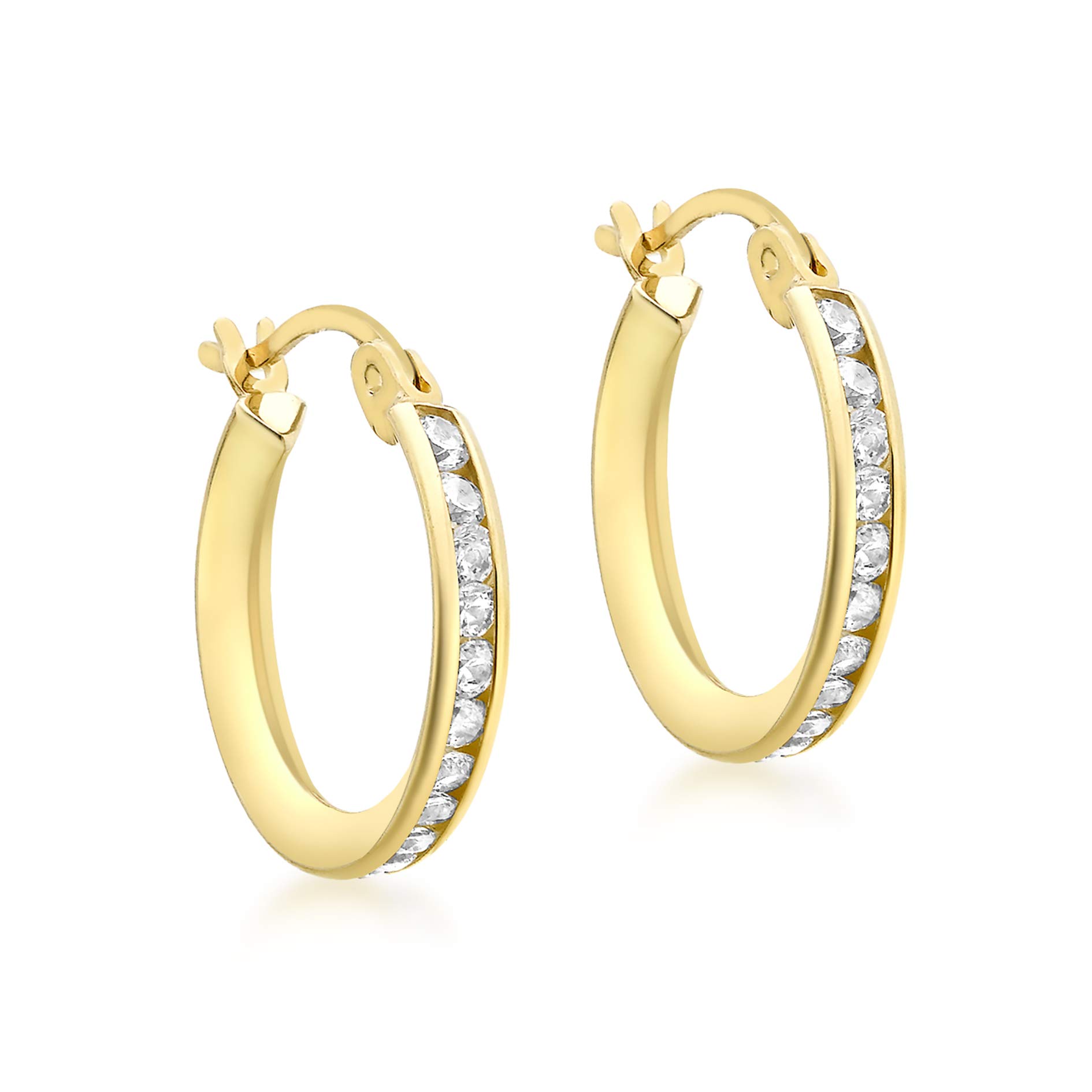 Carissima Gold 9ct Women's Cubic Zirconia 16mm Single Row Channel Set Creole Earrings | Elegant Gold Hoop Earrings for Women | Perfect for Parties, Weddings & Special Occasions