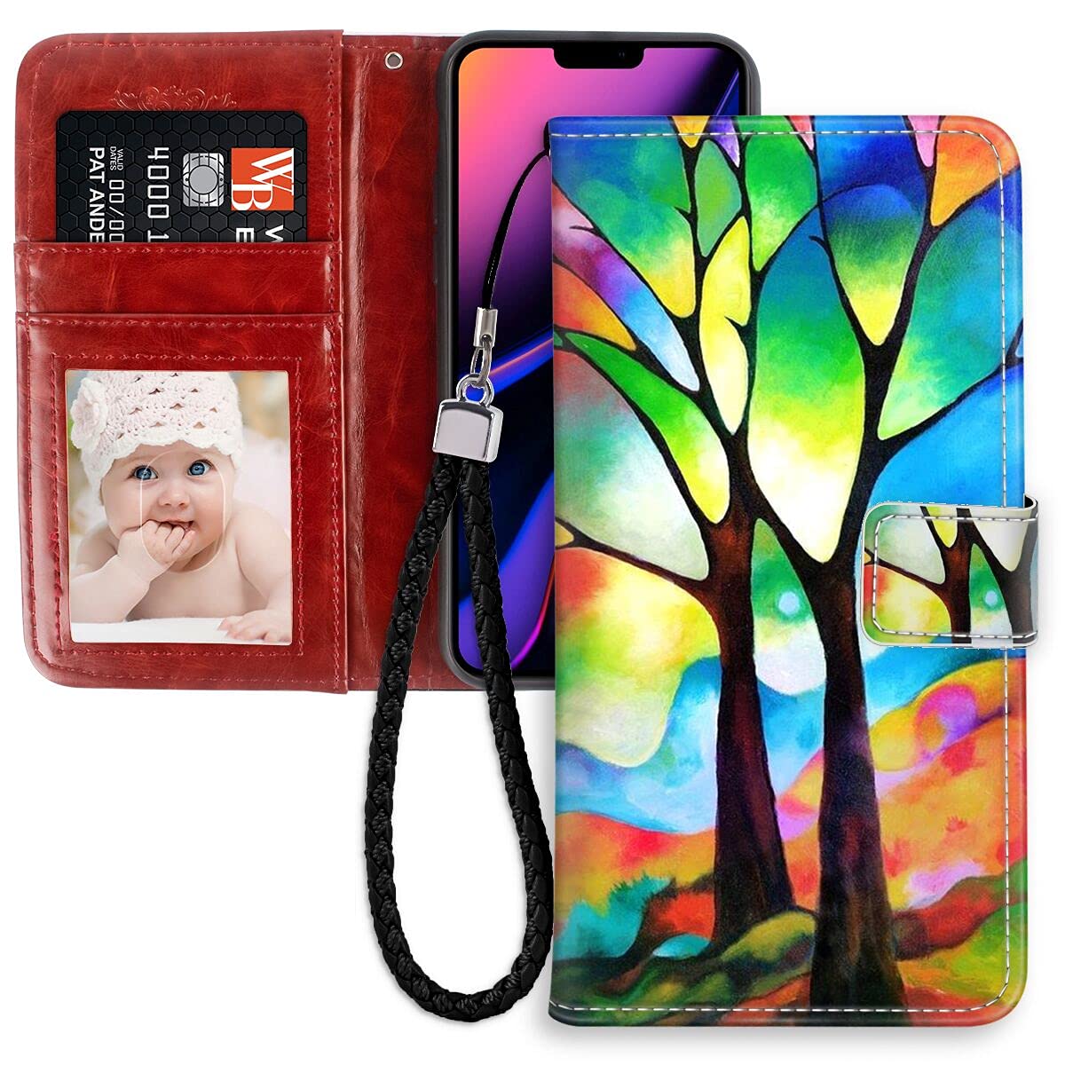 Premium PU Leather iPhone 11 Pro Max Wallet Case with Card Slots - Colorful Tree of Life Design | Slim Flip Cover for iPhone 11 Pro Max (6.5