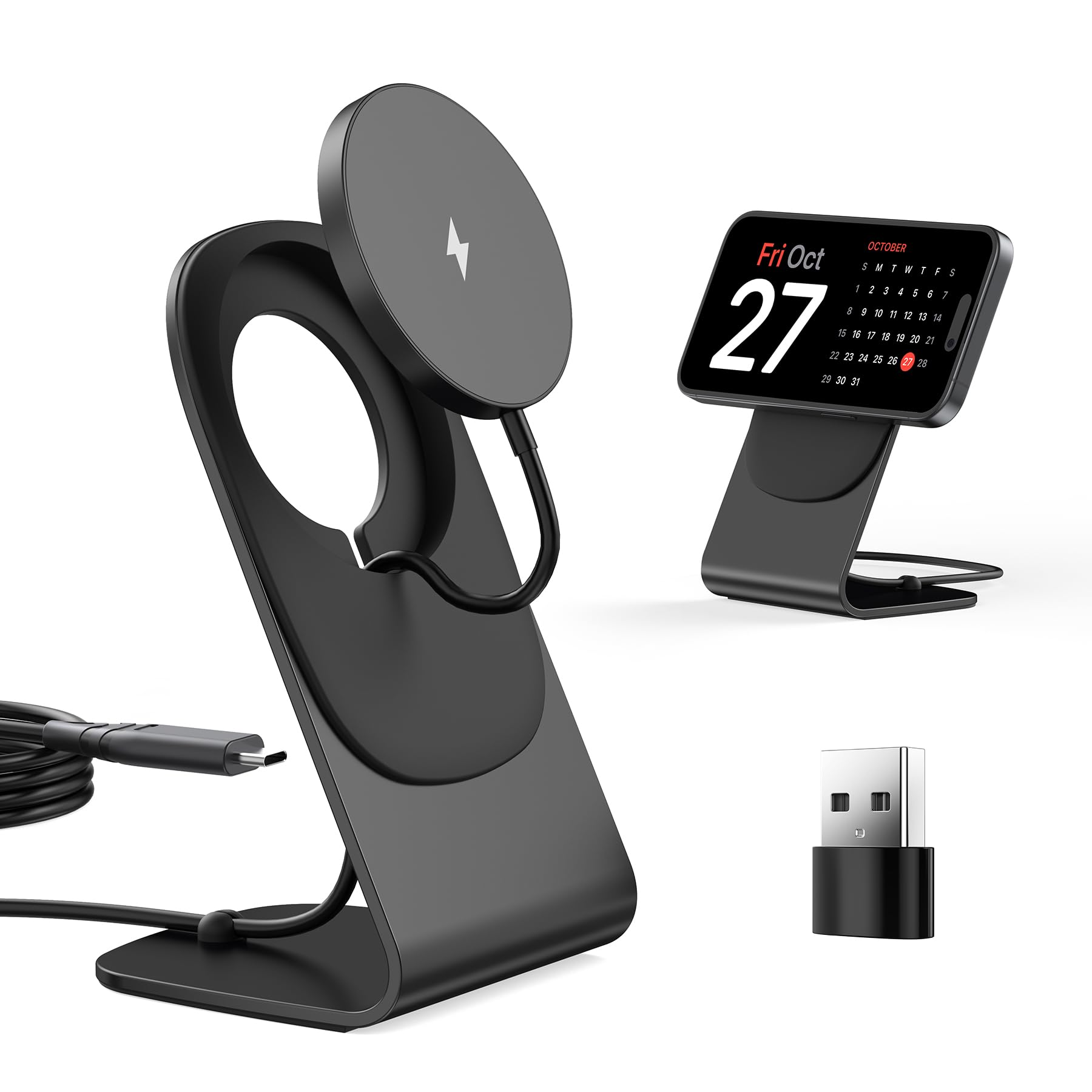 Magnetic Wireless Charging Stand for iPhone 16/15/14/13/12 Pro Max/Mini - 15W Fast Magsafe Charger with USB-C Cable & USB-A Adapter - Compatible with AirPods (No Power Adapter) | Perfect for Home, Office & Travel Charging