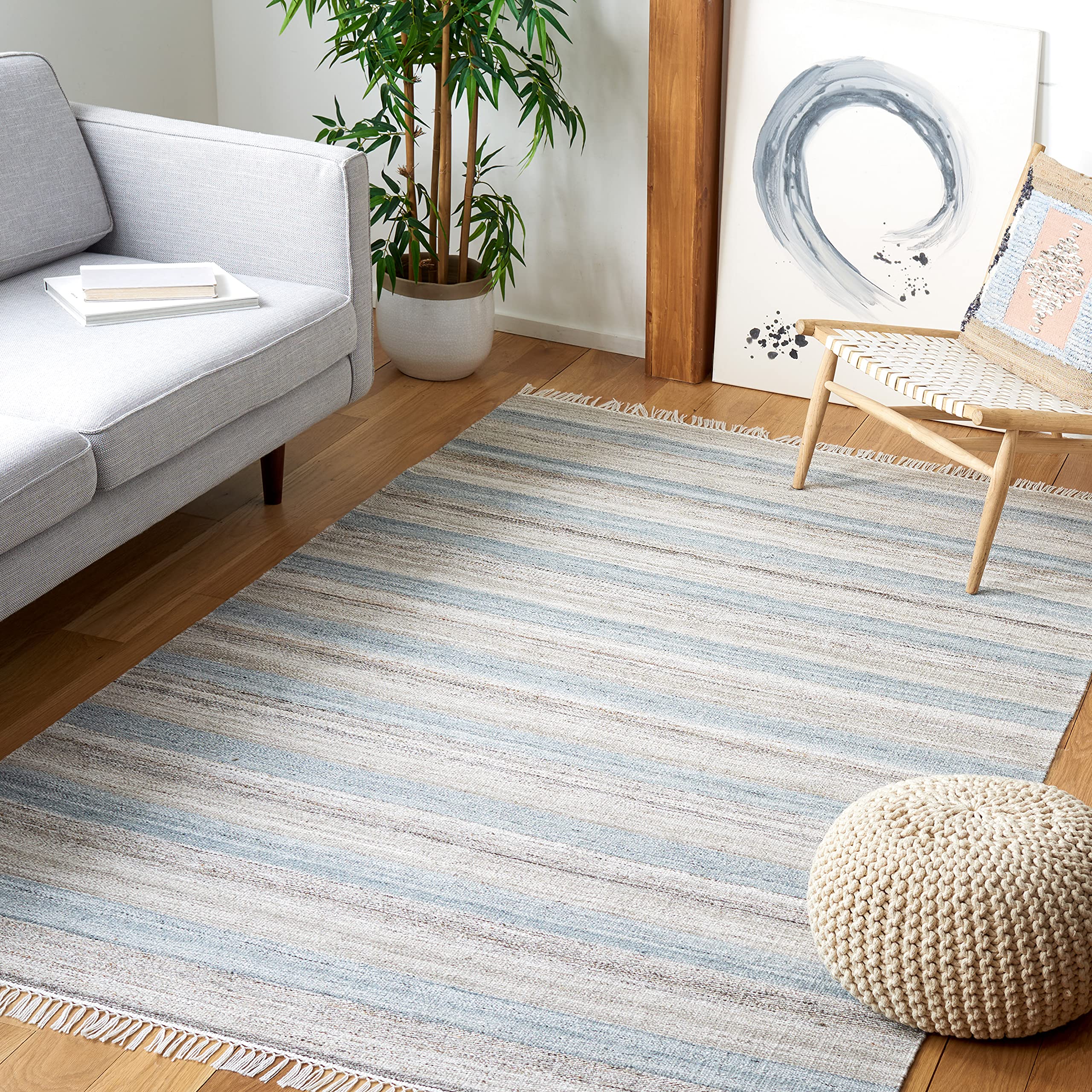 SAFAVIEH Striped Kilim Collection 7' Square Grey/Beige STK107F Flatweave Area Rug for Living Room, Dining Room & Bedroom - Soft & Durable Home Decor for Modern Spaces