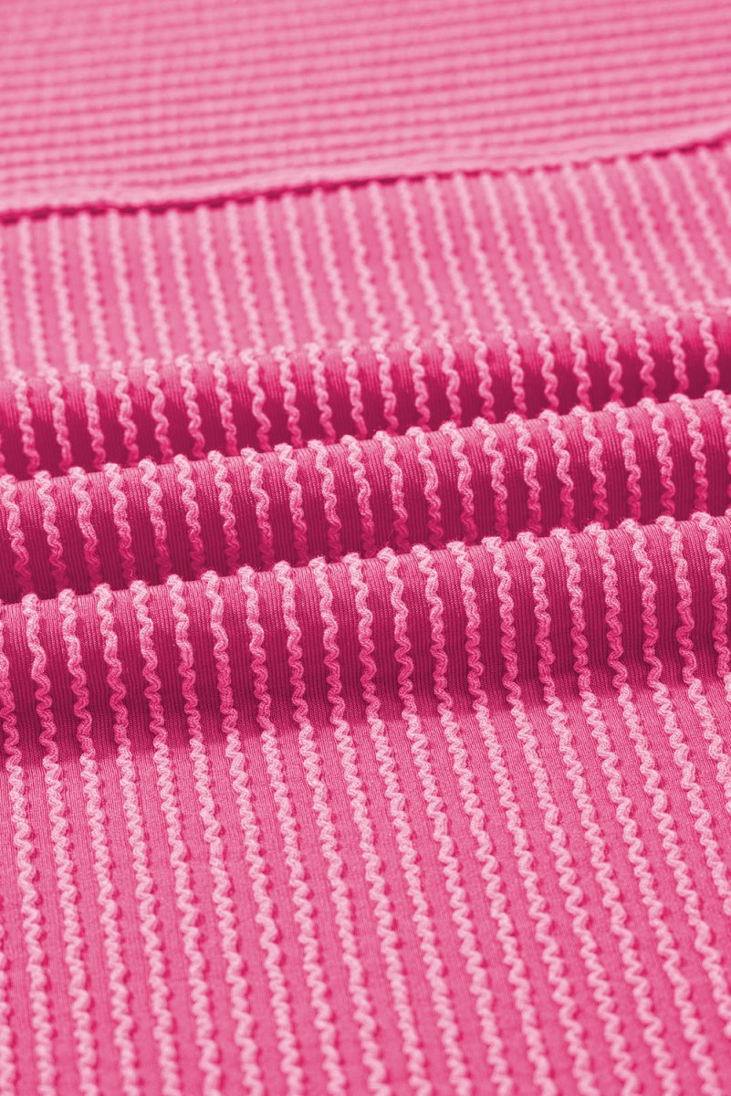 Bright Pink Plain Corded Knit Mock Neck T-Shirt for Women - Casual Wear, Layering & Everyday Outfits