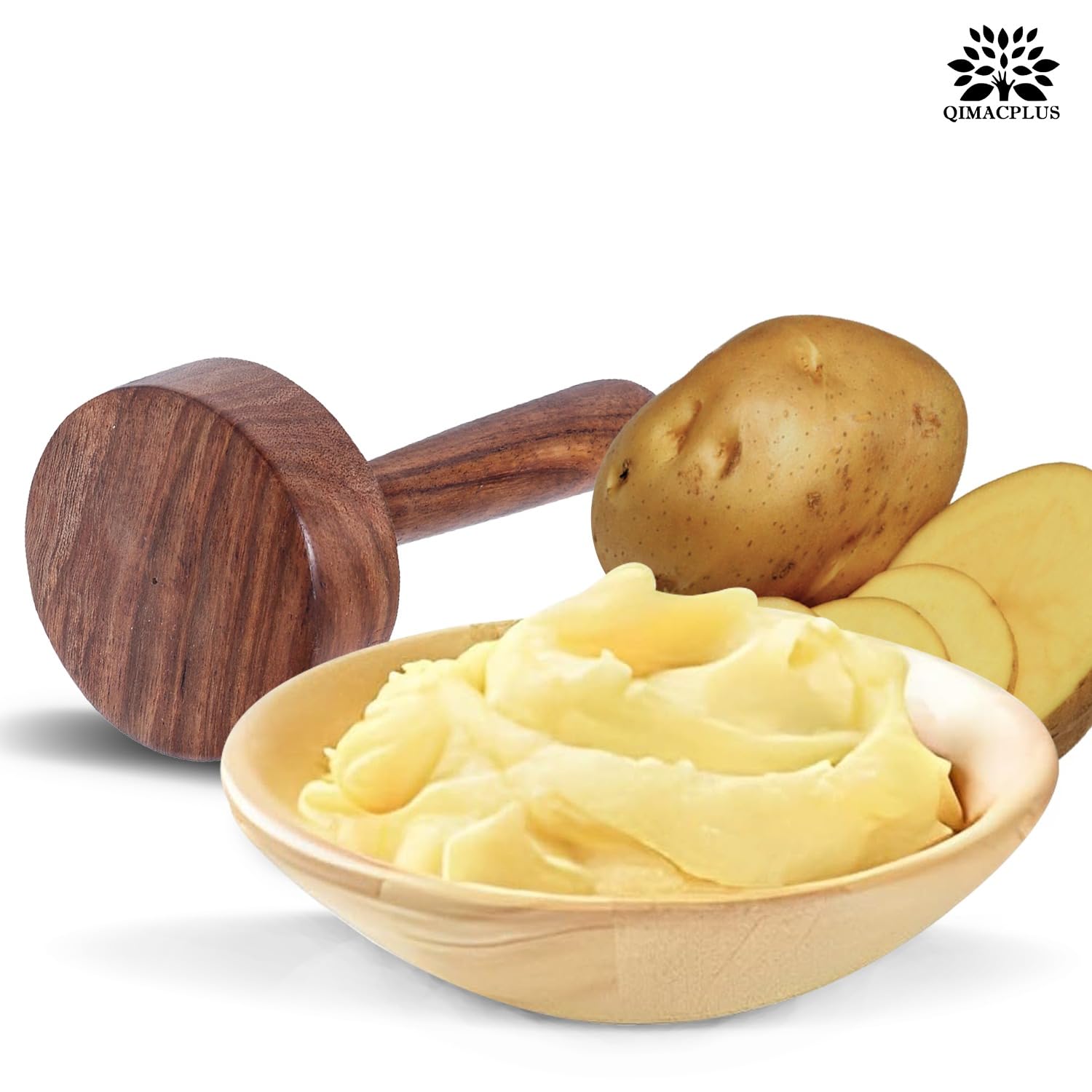 Wooden Potato Masher with Ergonomic Handle - Heavy Duty Bean, Meat & Garlic Crusher - Smooth Ricer Presser for Mashed Potatoes - Perfect for Kitchens, Restaurants & Home Cooking