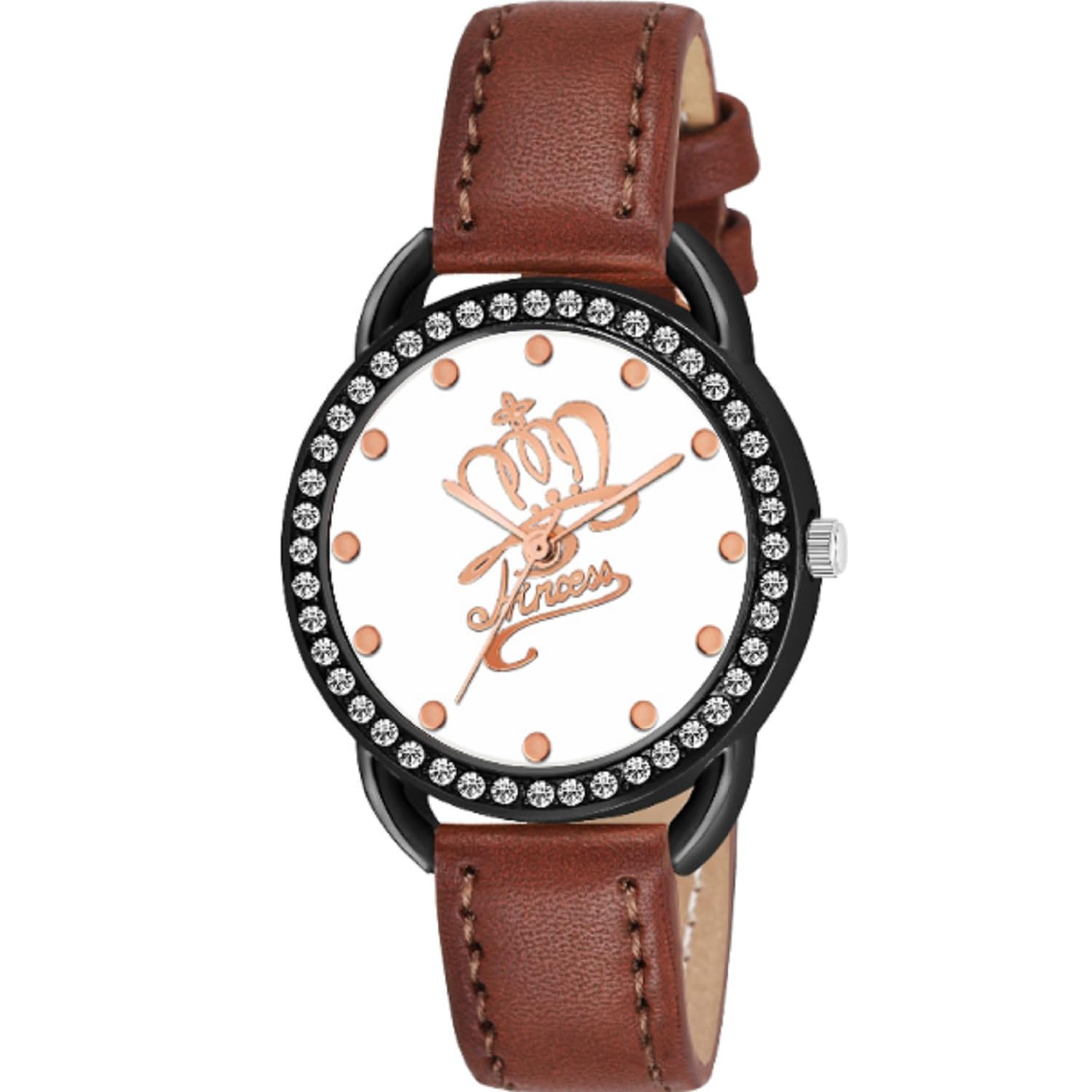 KIROH New Princess White BDM Dial Analog Watch for Women & Girls - Leather Strap, Black | Perfect for Everyday Wear, Office & Special Occasions