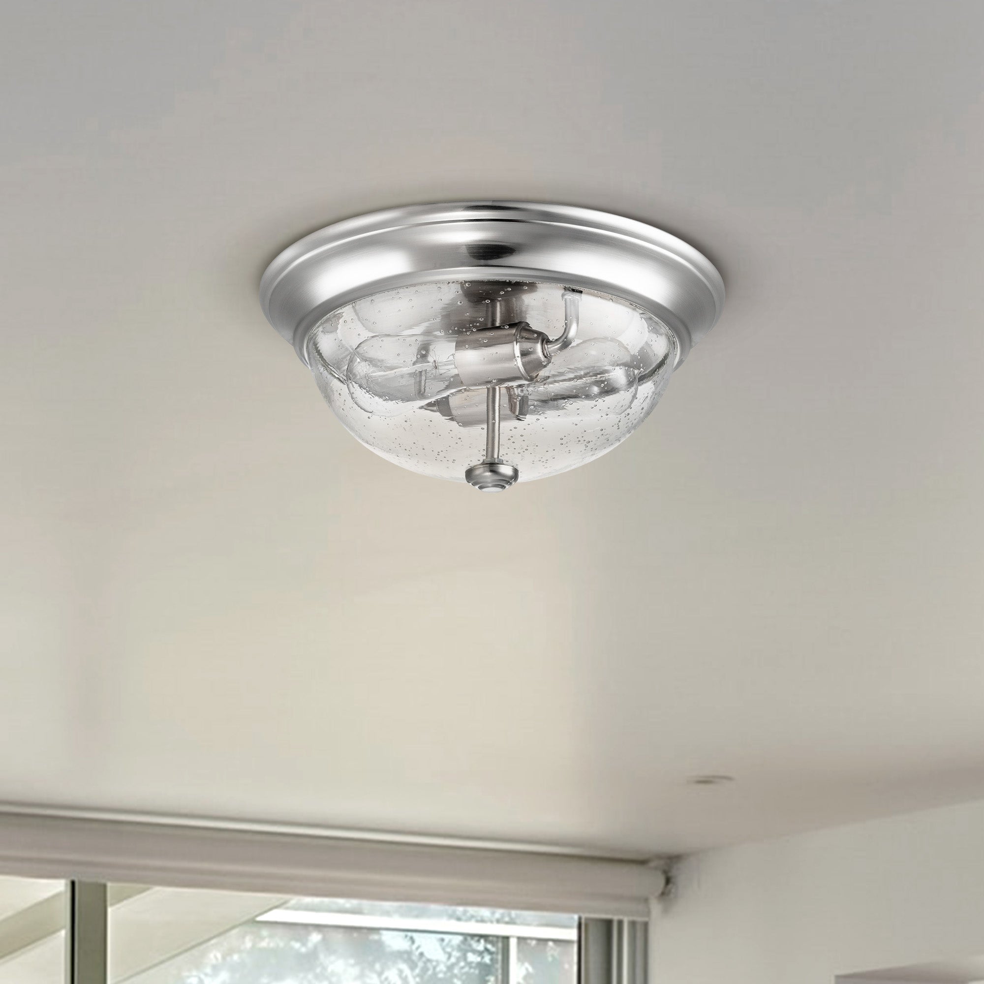13 Inch Designer Series Flush Mount Bowl Light - Clear Seeded Glass with Brushed Nickel Finish - Modern Ceiling Lighting for Bedroom, Kitchen, Bathroom, and Hallway