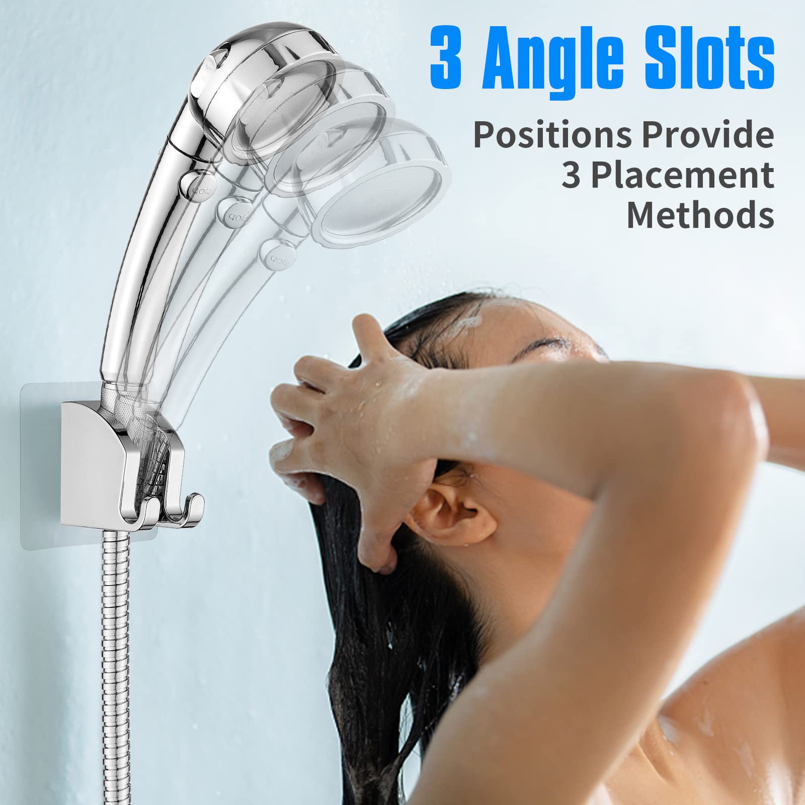 JONKEAN Chrome 1Pack Adjustable Shower Head Holder with 2 Hanger Hooks - Self-Adhesive Wall Mount for Shower Wand Hose - Perfect for Bathroom, RV, and Small Spaces