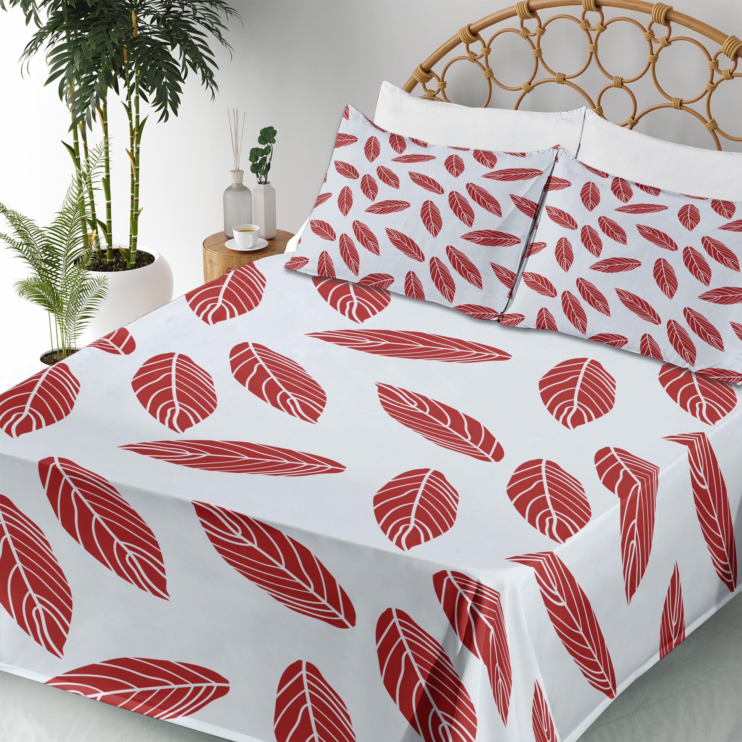 Ambesonne 4-Piece Queen Sheet Set - Modern Abstract Leaf Design on Cool Pastel Muted Backdrop, Includes Fitted Sheet, Flat Sheet & 2 Pillowcases | Soft Bedding for Cozy Sleep, Guest Room & Dorm Decor | Pale Blue Ruby