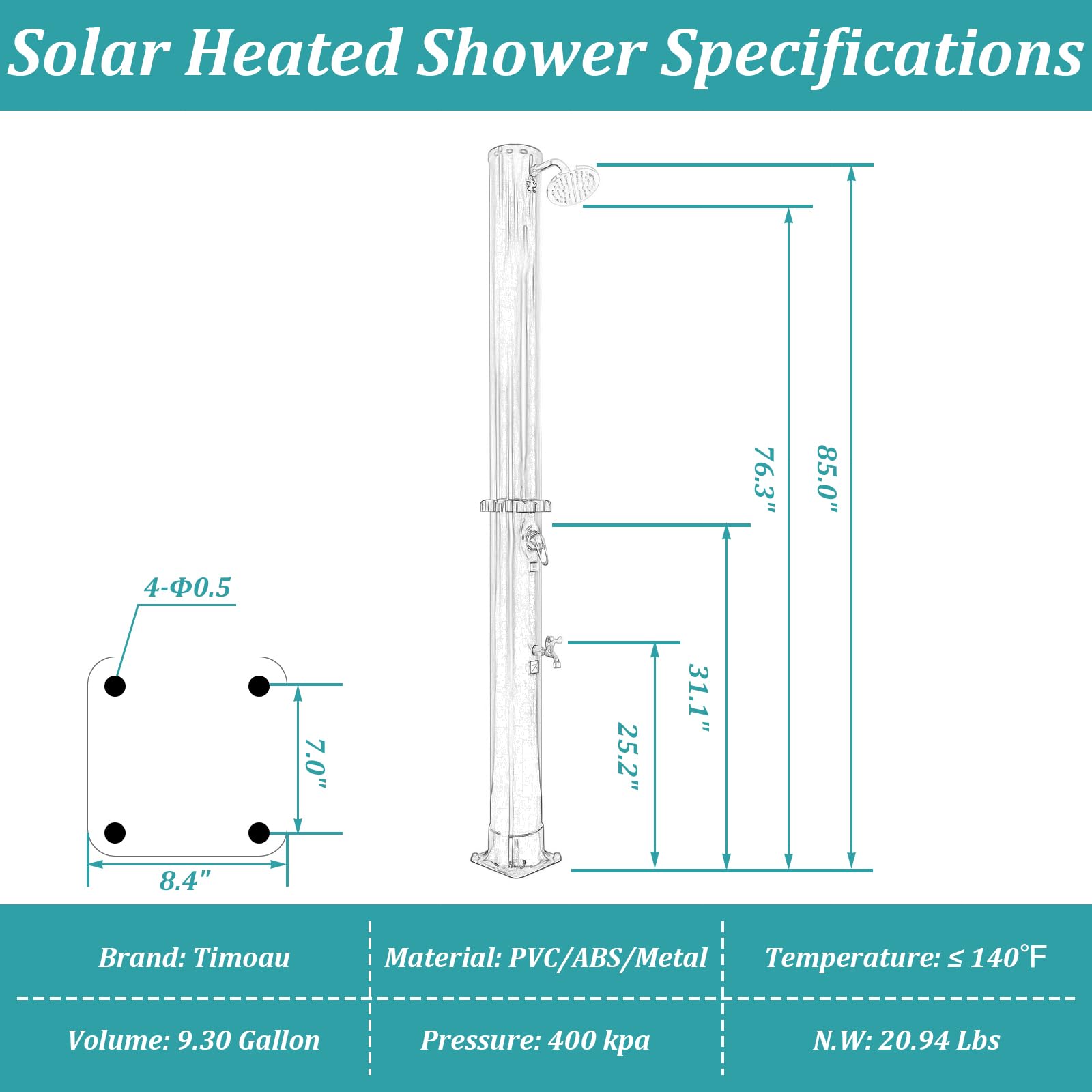 7 FT Outdoor Solar Heated Shower - 9.3 Gallon Portable Camping Shower with Adjustable Shower Head & Foot Tap - Perfect for Beach, Poolside, Backyard, RV & Camping - Black Style 2