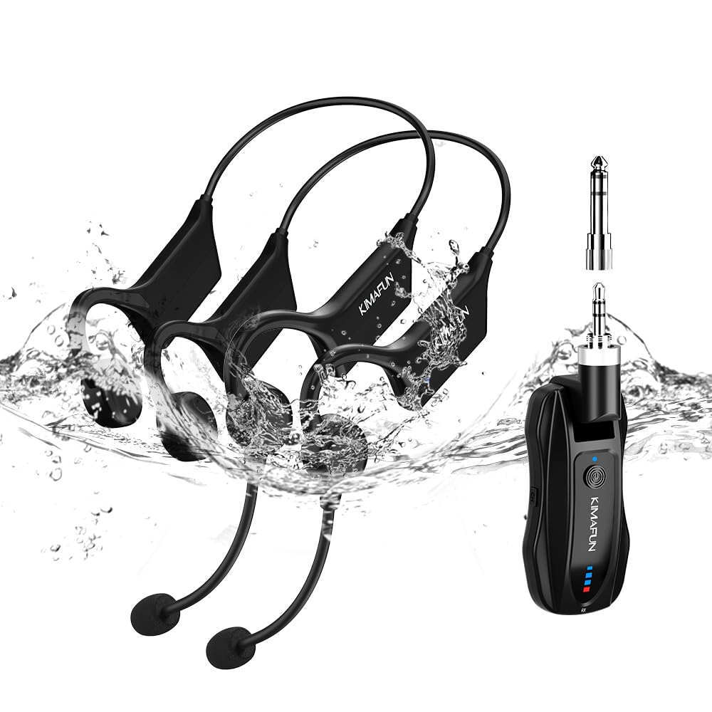 KIMAFUN 2.4G Wireless Headset with Dual Microphone for 2 People - IP67 Waterproof & Sweatproof Fitness Mic for Water Aerobics, Swimming, Yoga, Spinning - Perfect for Coaches, Instructors & Teachers (GWP91-1)