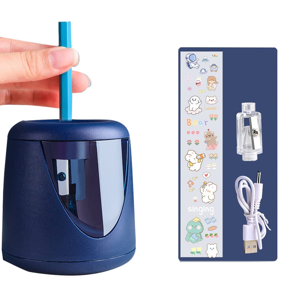 Electric Pencil Sharpener - Fast Sharpening Blade for Colored Pencils (6-8.5mm) with Pencil Saver, Cute Blue Design - Perfect for School, Office & Art Projects