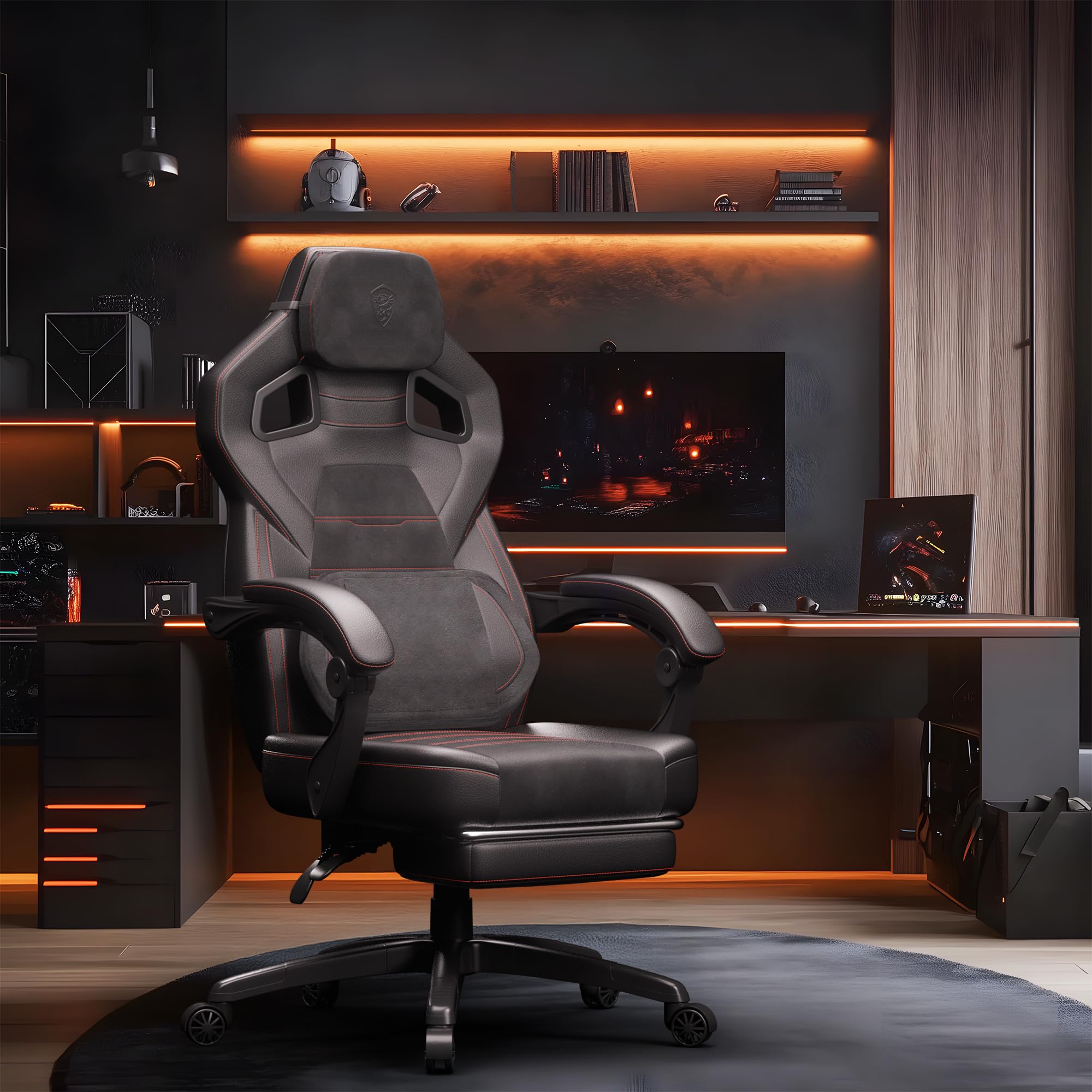 Dowinx PU Leather Gaming Chair with Footrest - Big & Tall Ergonomic Office Chair with Adjustable Lumbar Support - Heavy Duty Computer Chair for Adults up to 400lbs - Black - Perfect for Gaming, Working & Home Office Use