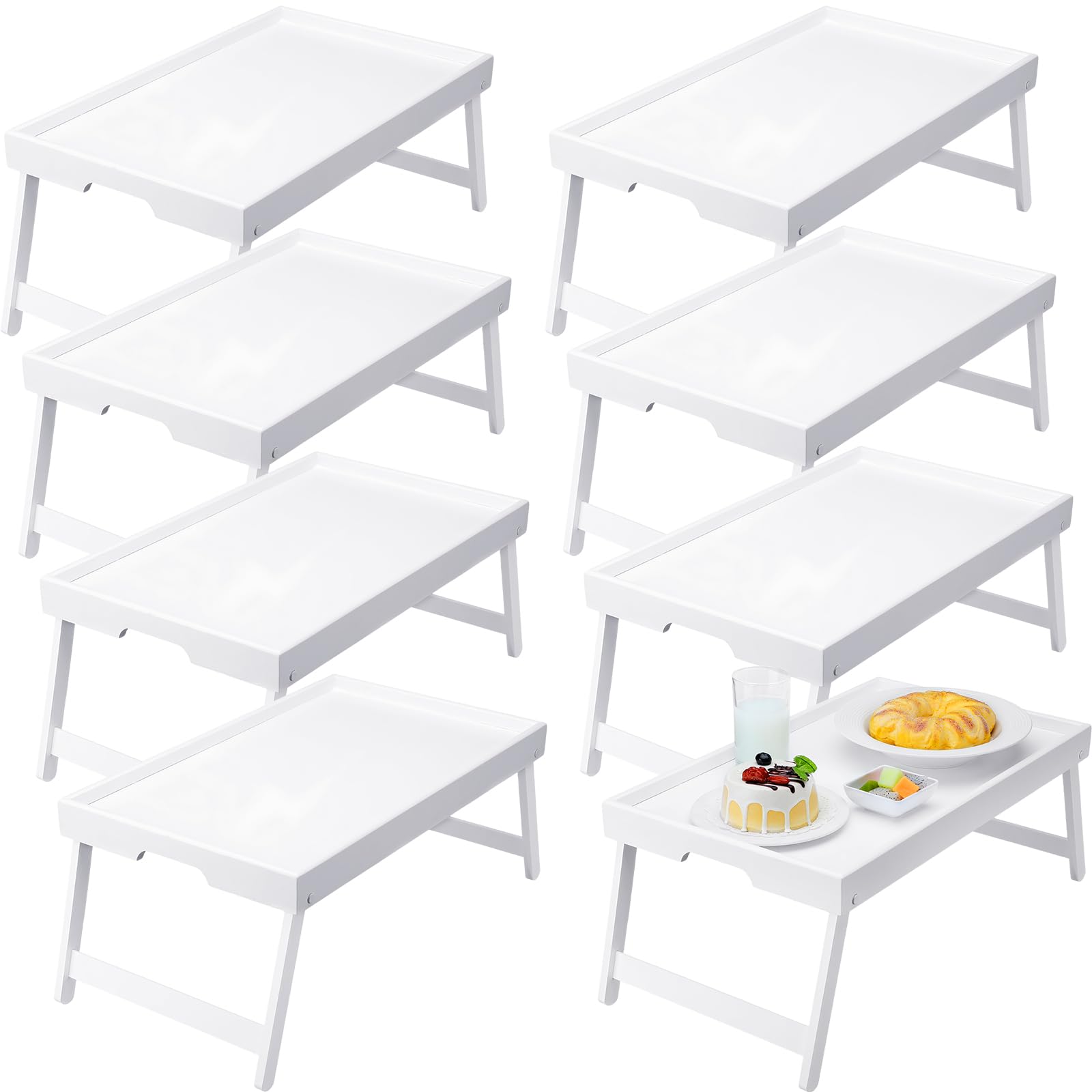 Soaoo Bamboo Bed Tray Table with Folding Legs - Portable Breakfast in Bed Tray, Multi-Purpose Serving Tray for Eating, Working, or Reading - Perfect for Sofa, Bed, Laptop Use, Sleepovers, and Parties (White, 8-Piece Set) - Ideal for Home, Office, Dorm, and Gift Giving