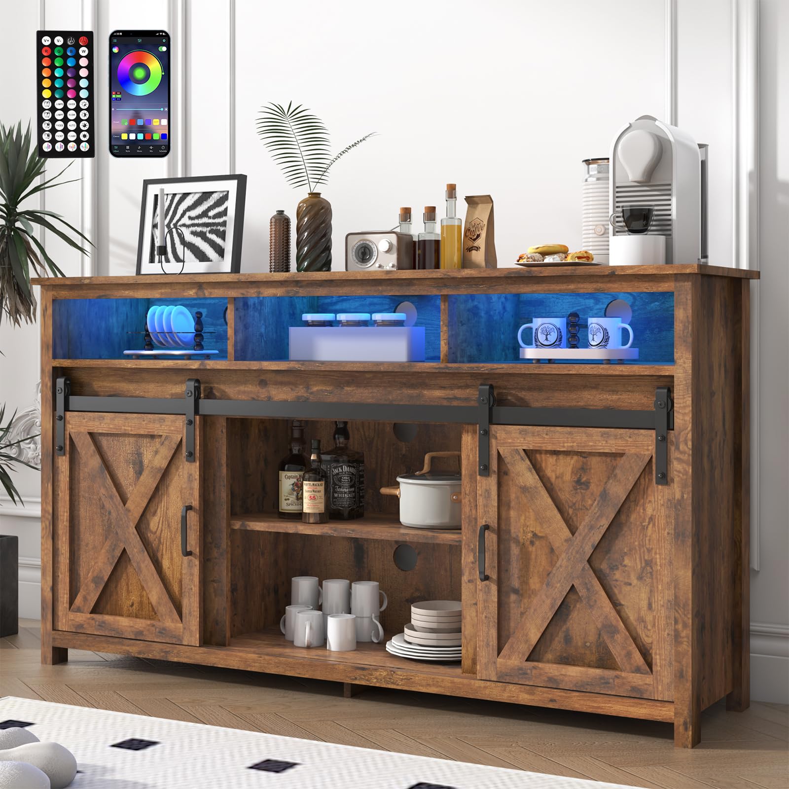 Rustic Farmhouse Coffee Bar Cabinet with Power Outlet - Wood Buffet Storage Sideboard with Shelves for Dining Room & Living Room - Perfect for Entertaining Guests & Organizing Kitchenware (Brown)