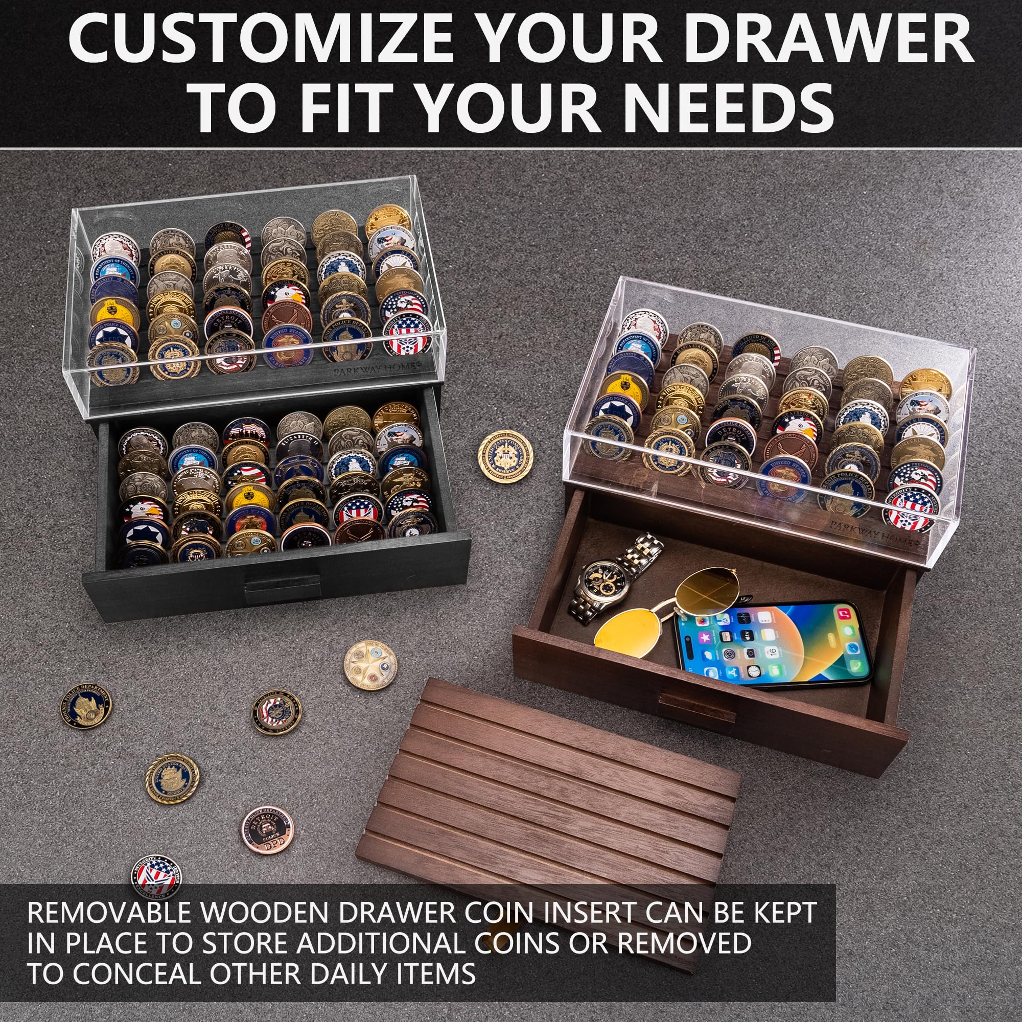 Large Black Wooden Challenge Coin Display Case with Clear Cover - Holds 36 Coins on Top & 36 in Drawer - Military, Poker Chip, and Collectible Display Case - Perfect for Home, Office, and Gift Presentations
