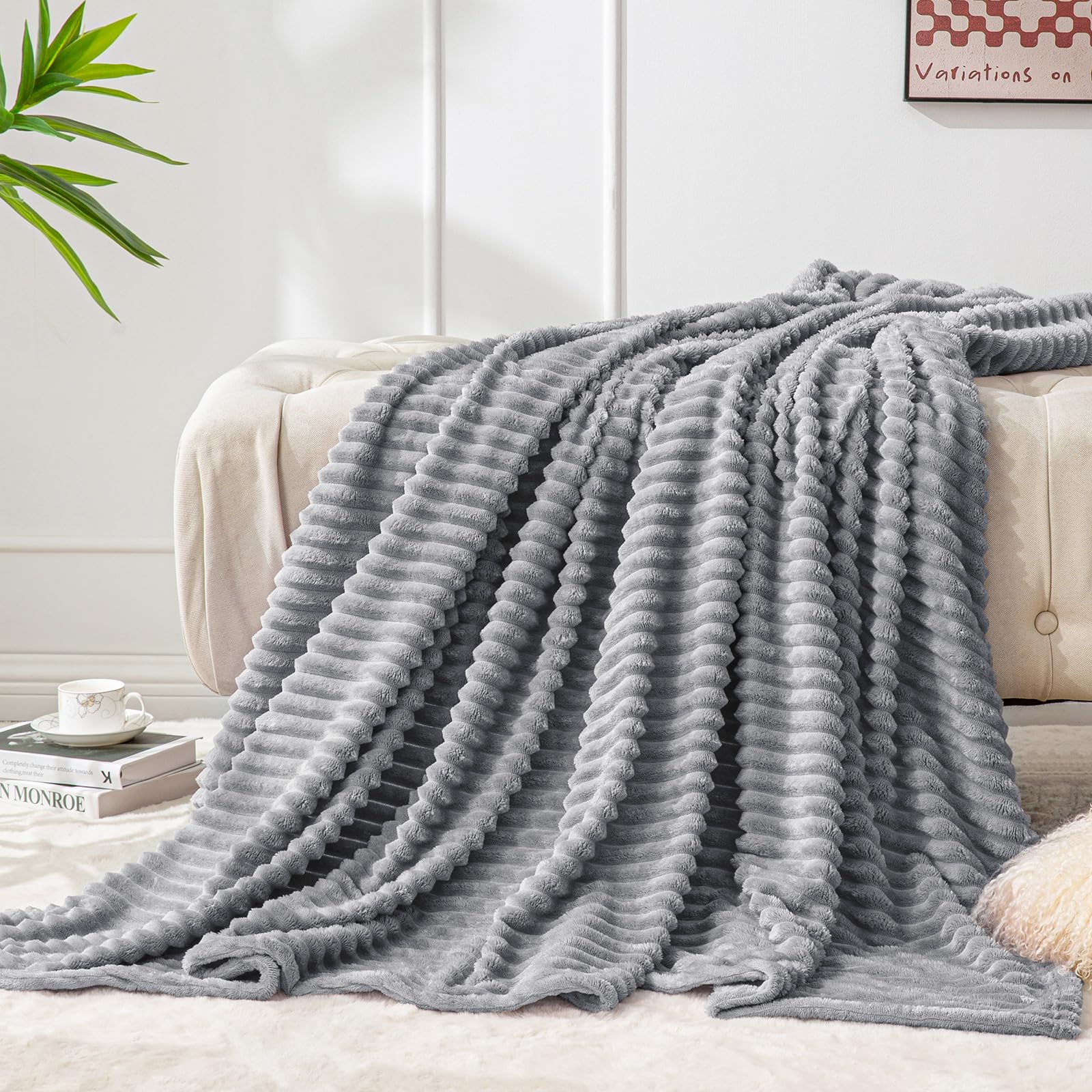 BEDELITE 3D Ribbed Jacquard Fleece Blanket Twin Size (60x80 inches) - Ultra Soft, Warm & Lightweight Plush Throw Blanket for Bed, Couch, Sofa - Perfect for Winter Nights, Movie Time & Home Decor (Grey)
