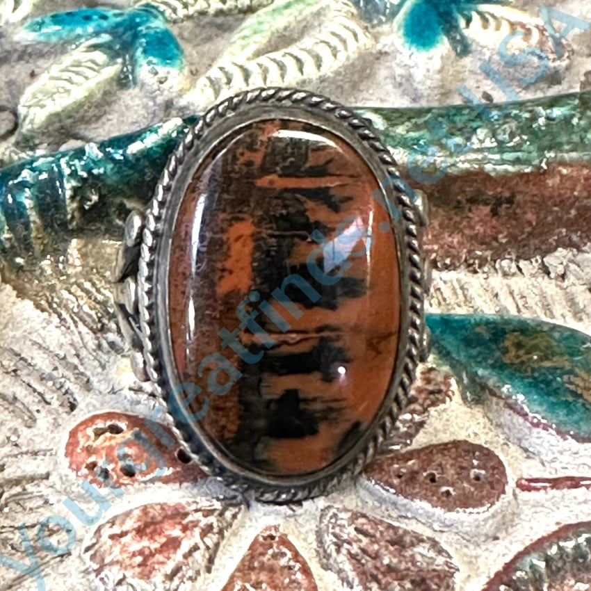 Vintage Navajo Landscape Petrified Wood Raindrop Ring - Size 6 - Handmade Sterling Silver Jewelry - Southwest Style Wedding Band - Perfect for Boho Fashion & Nature Lovers