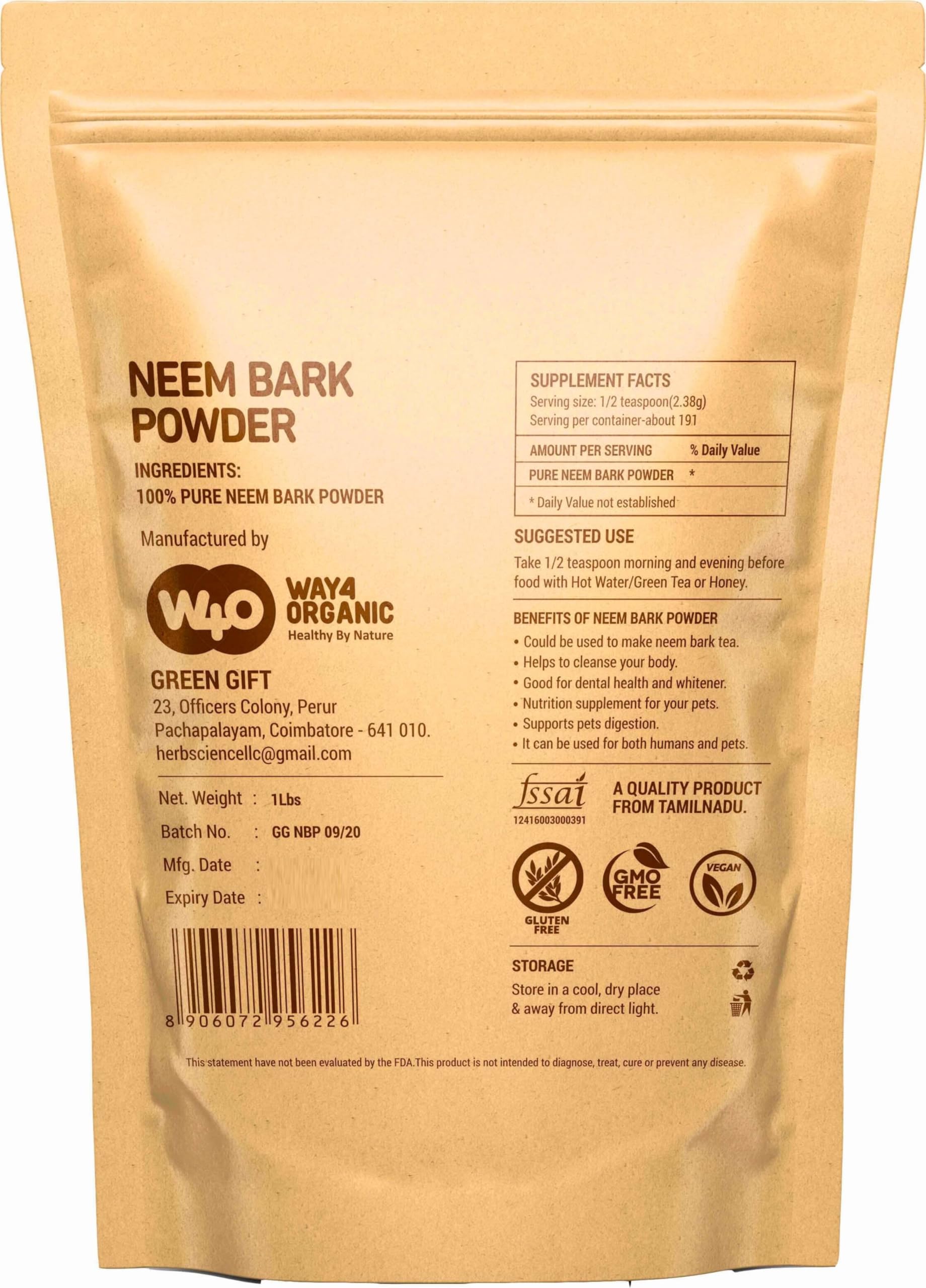 Organic Neem Bark Powder 16 Oz (1 lb) Pack of 2 - Natural Tooth Powder for Dental Care & Digestion Support - Herbal Remedy for Oral Hygiene, Gum Health & Detox - Perfect for Ayurvedic Routine & DIY Toothpaste