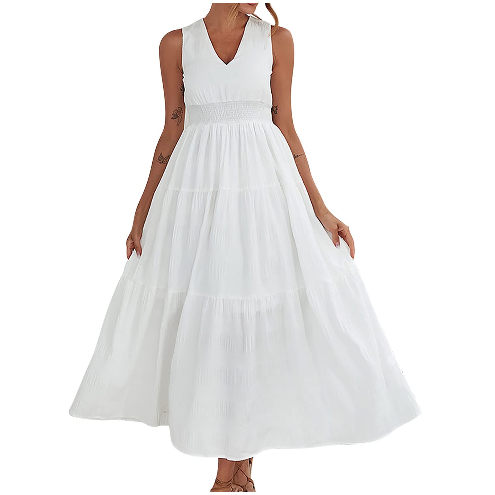 Elegant White Maxi Dress for Women - Sleeveless V-Neck Tiered Pleated Flowy Bridesmaid Dress - Perfect for Wedding Guest, Beach Party & Summer Vacation