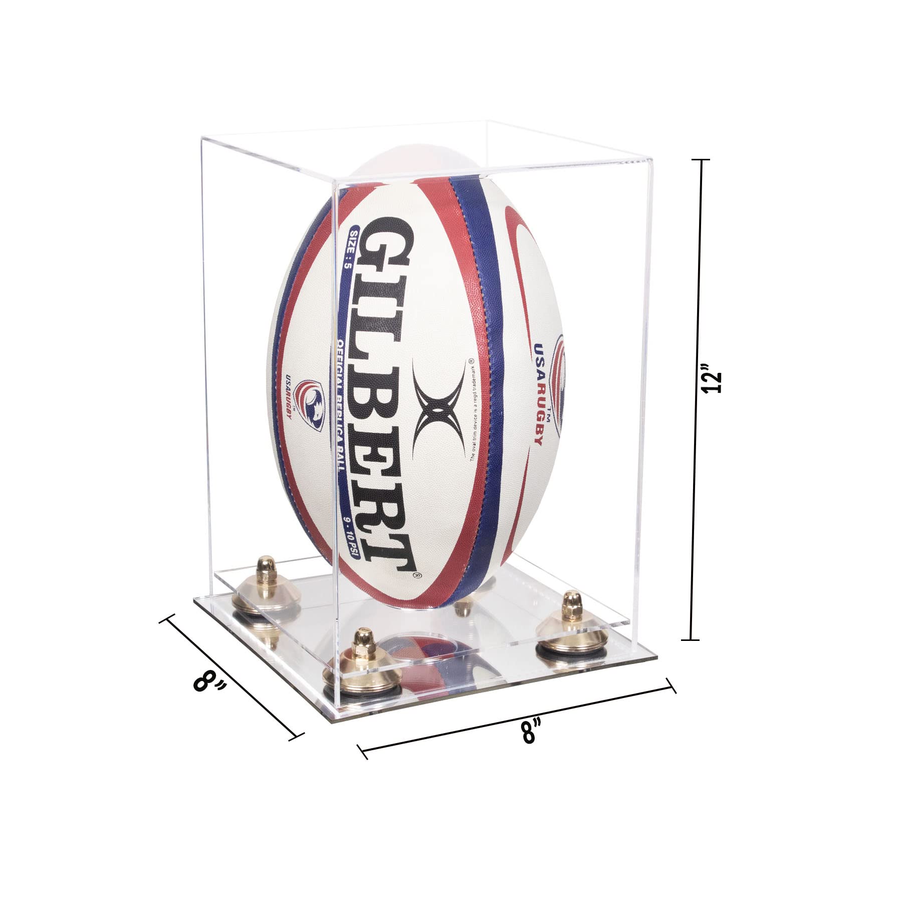 Clear Acrylic Rugby Ball Display Case with Gold Risers & Mirror Base - Vertical Trophy Stand for Collectibles, Awards & Memorabilia - Perfect for Sports Fans, Man Cave & Office Decor (B42/A060)