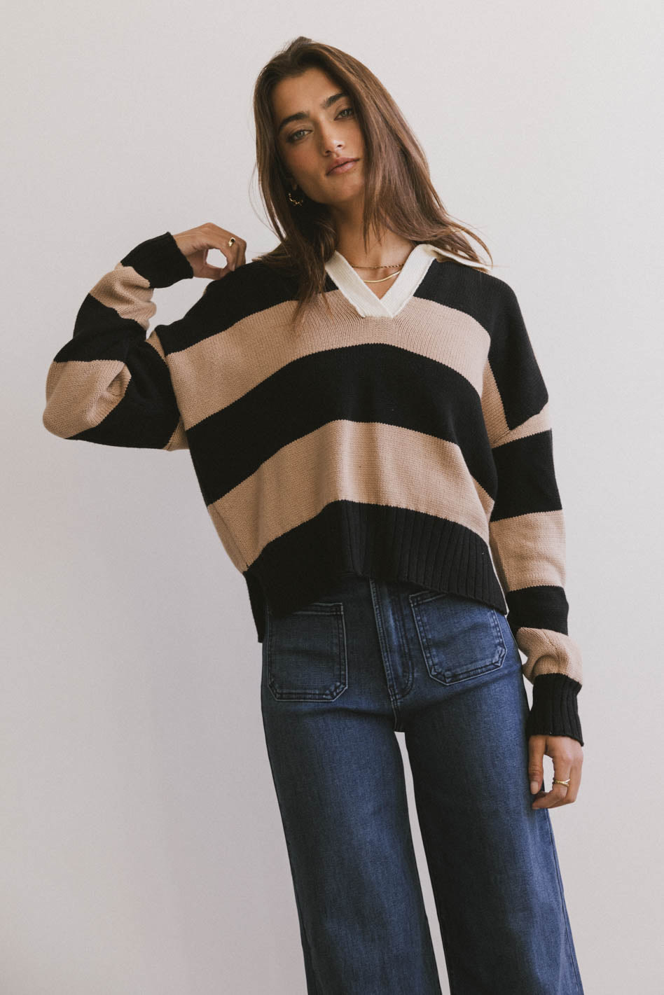 Akari Striped Sweater in Camel - Cozy Knit Pullover for Women | Autumn Winter Fashion | Perfect for Casual Outings & Coffee Dates