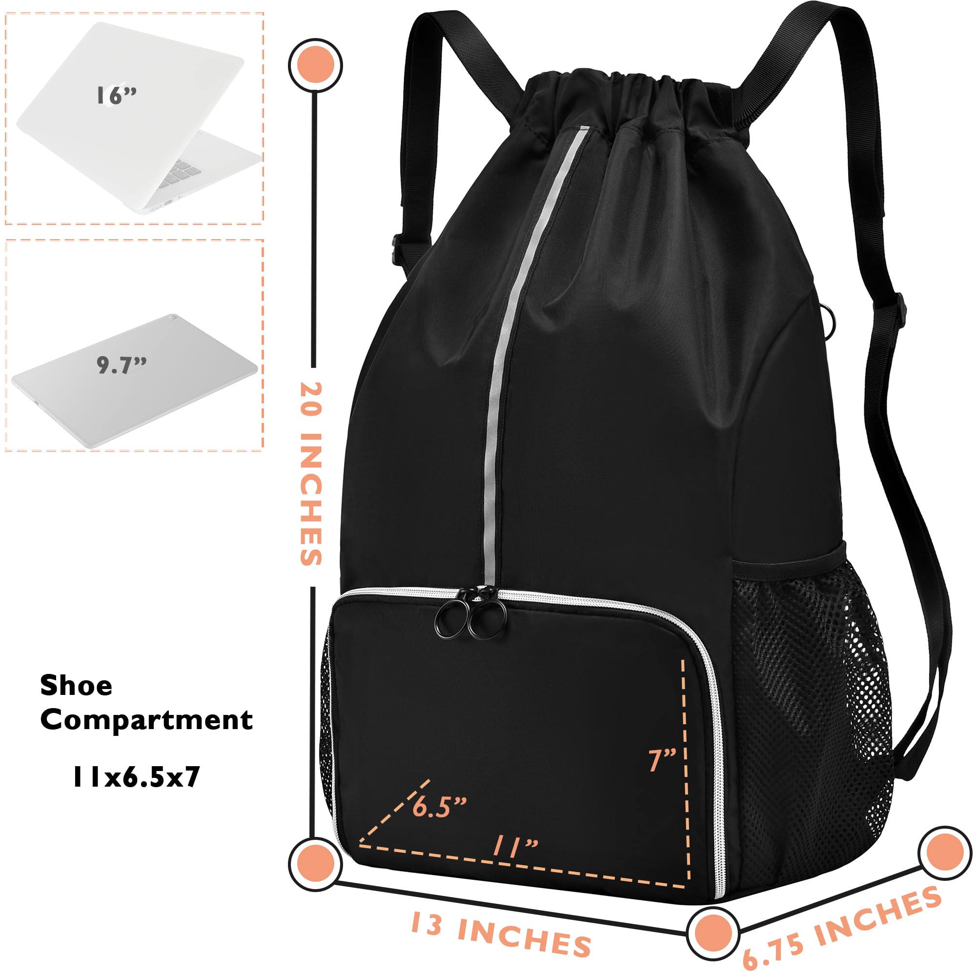 Large Drawstring Backpack with Shoe Compartment - Gym & Beach Essentials