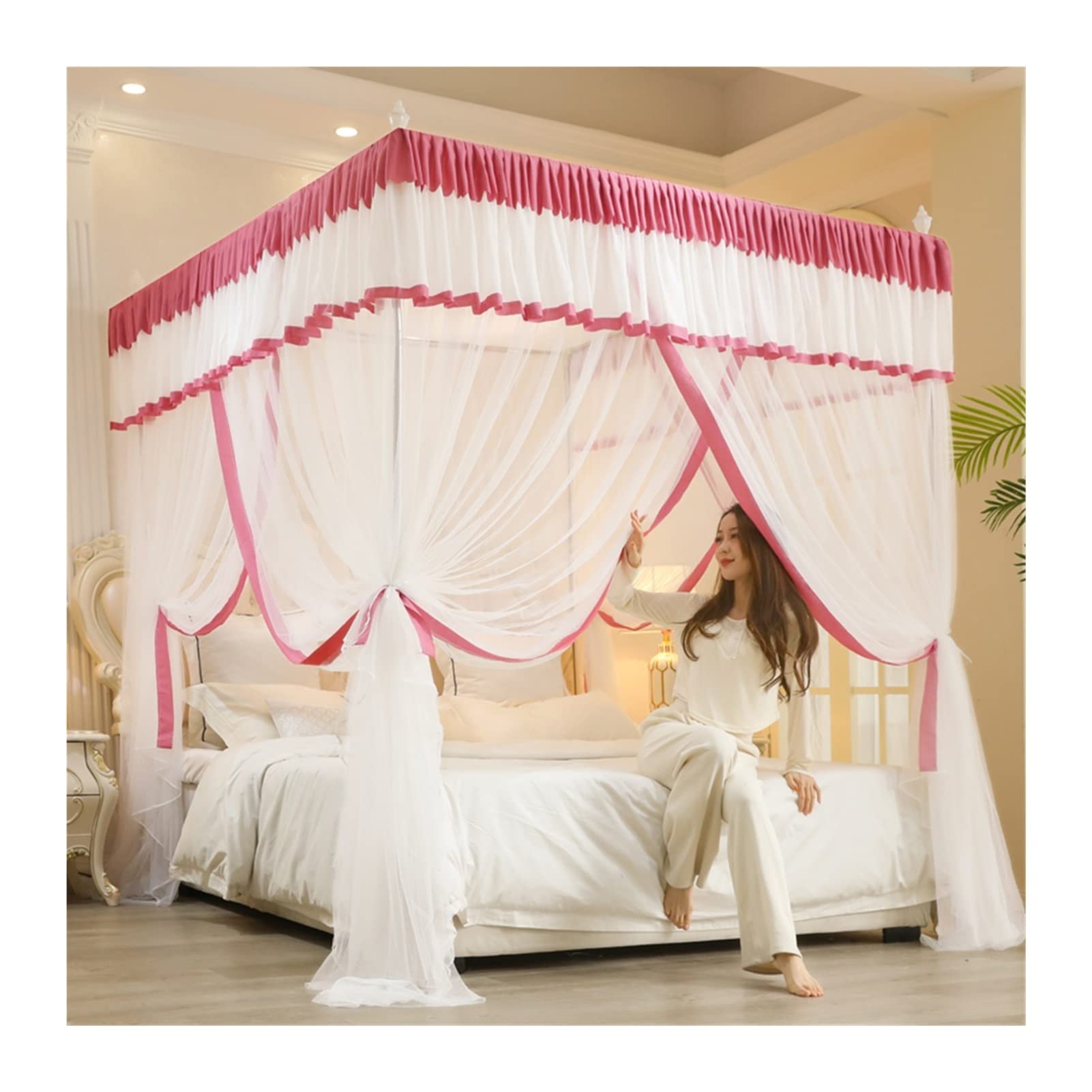 Luxury Floor-to-Ceiling Bed Canopy Mosquito Net for Queen Size Beds (6ft/1.8m) - 4 Corner Support Hanging Bed Curtain - Romantic Bedroom Decor for Wedding, Nursery & Master Bedroom (180x220x200cm, Style 5)