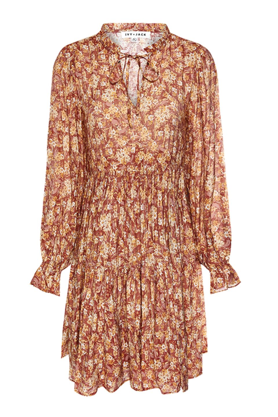 Billie Rust Floral Long Sleeve Frill V-Neck Tiered Mini Dress for Women | Elegant Party & Date Night Outfit