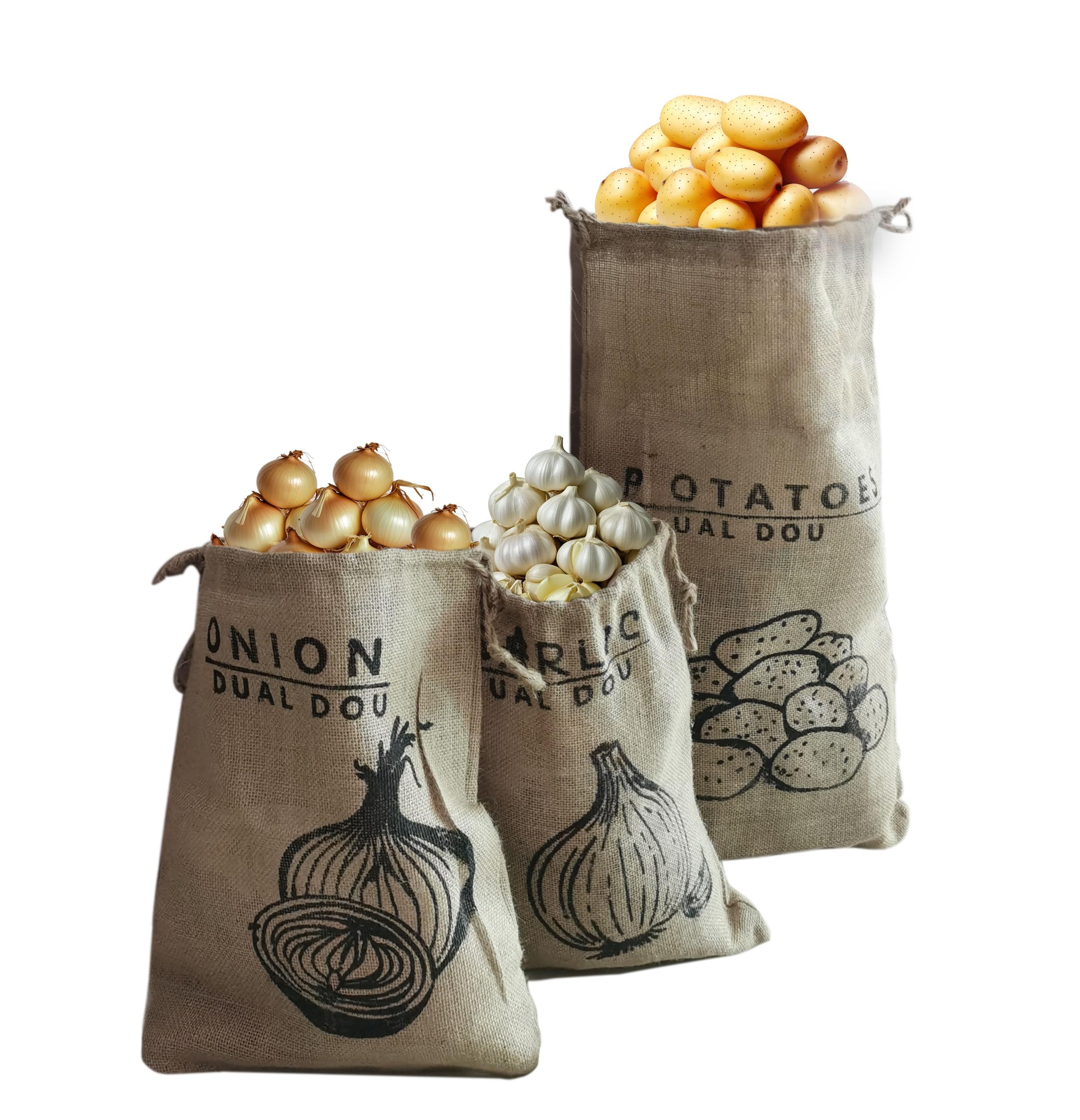 Organic Burlap Onion and Potato Storage Bags - 3 Pack Reusable Jute Drawstring Produce Bags for Garlic, Onions, Potatoes - Perfect for Kitchen Pantry Organization, Root Vegetable Storage & Eco-Friendly Food Preservation