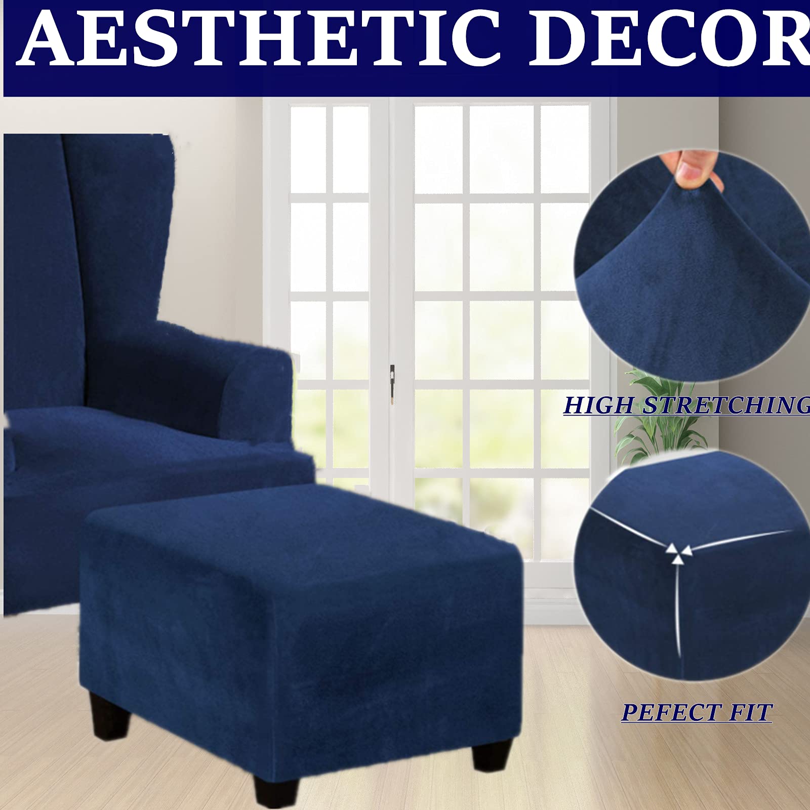 Stretch Velvet Ottoman Slipcover - Square Footstool Cover with Elastic Bottom for Folding Storage Ottoman, Navy Blue - Perfect for Living Room, Bedroom & Home Decor