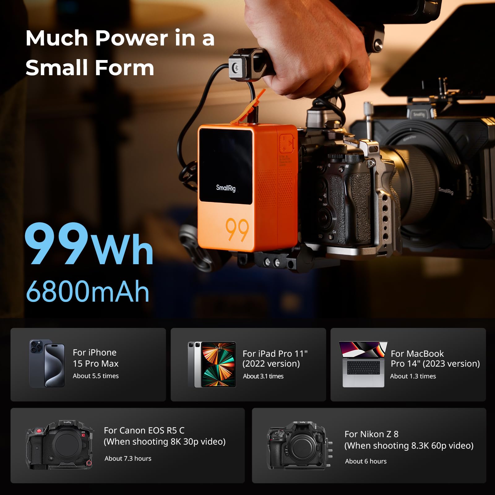 SMALLRIG VB99 Orange V Mount Battery - 99Wh 6800mAh High Capacity with 100W Output, Fast 2H Charge, USB-C/D-TAP/USB-A/Dual DC Ports, OLED Display | Perfect for DSLR Cameras, Camcorders, Monitors & Video Lights | Professional Photography & Videography Power Solution
