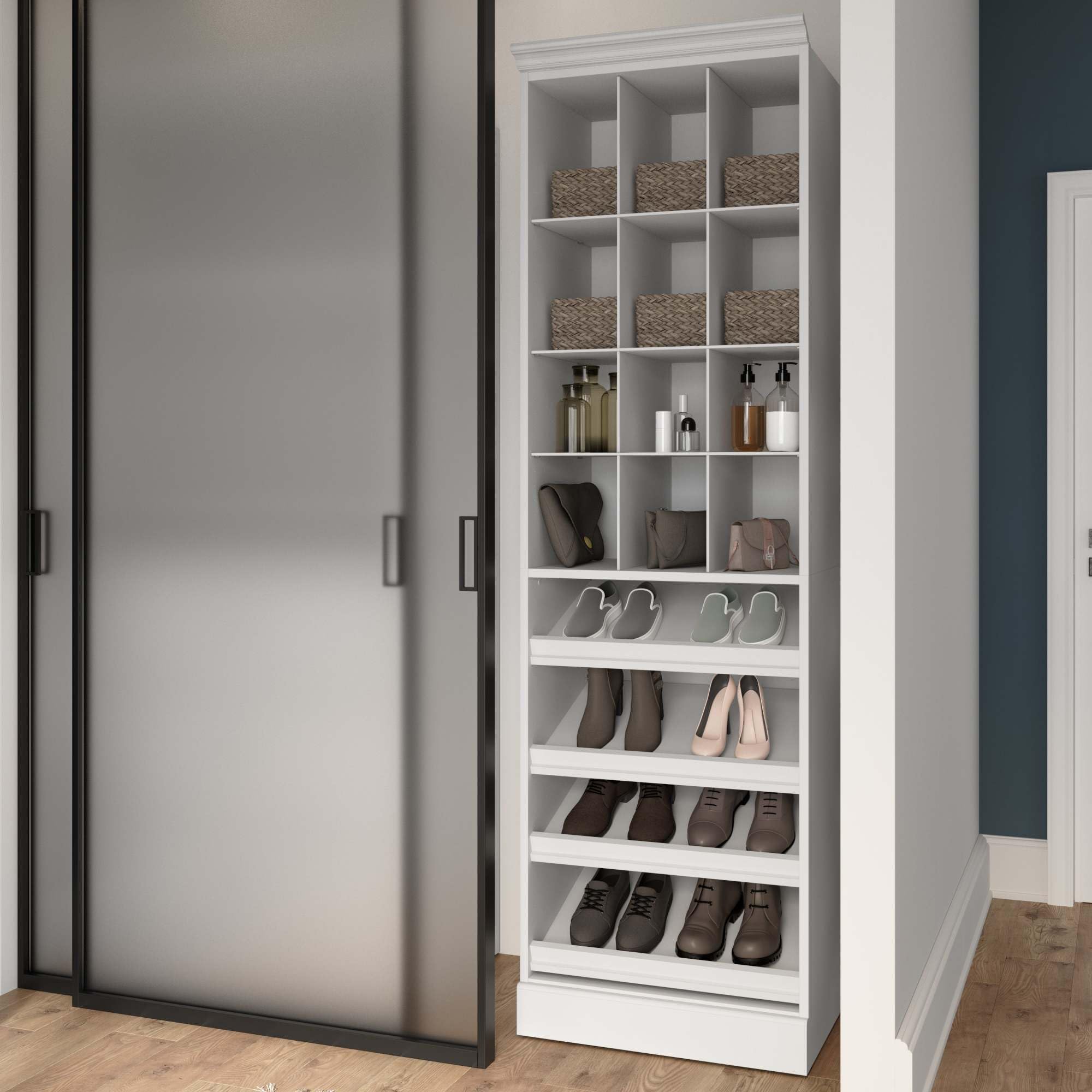 Bestar 25-inch White Shoe Closet Organizer - Versatile Wardrobe Storage for Shoes, Accessories & More | Perfect for Bedroom, Mudroom, Entryway & Kitchen Pantry Organization | Space-Saving Solution for Small Homes & Apartments