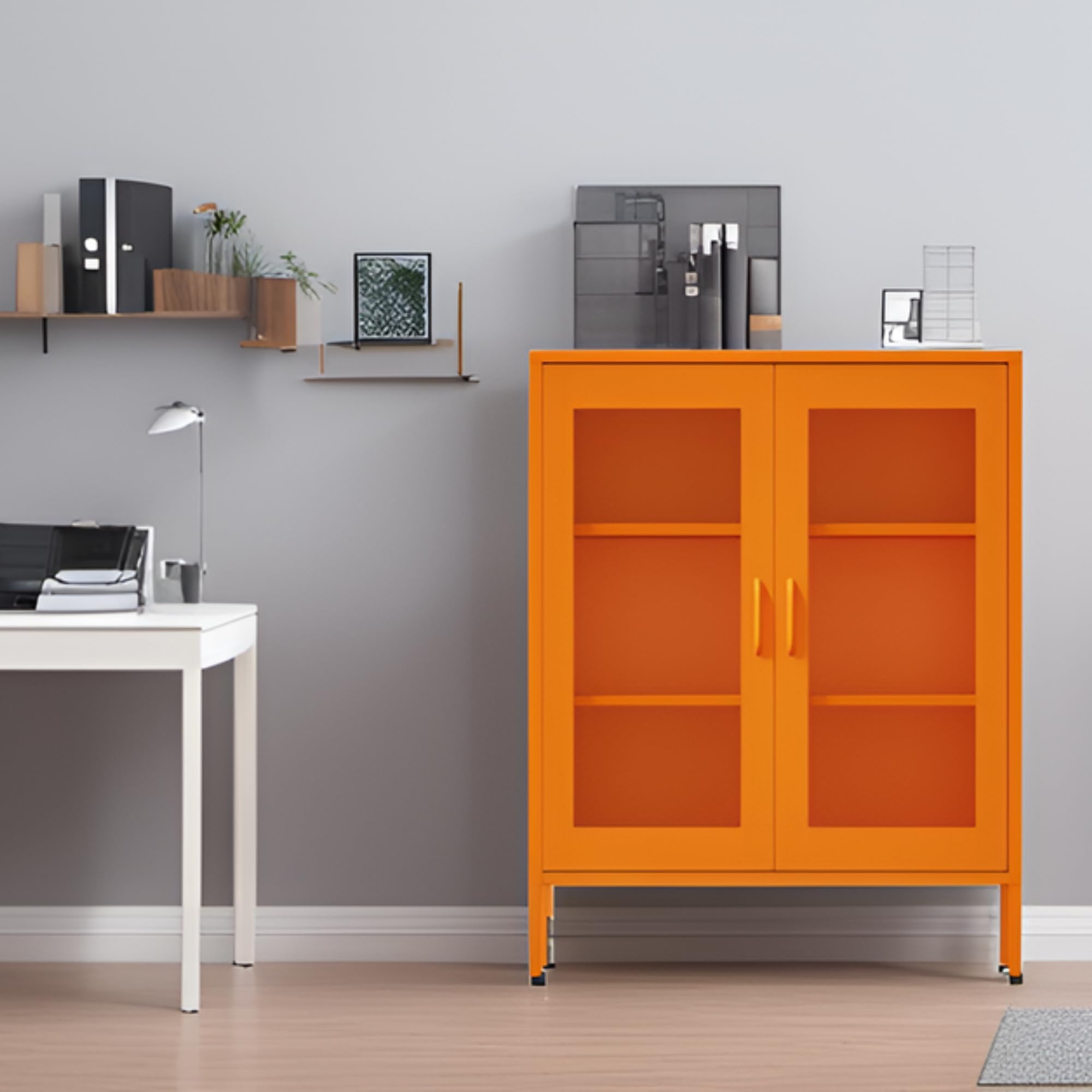 Steel Mesh Door Storage Cabinet with Adjustable Shelves - Metal Office Locker for Home, Garage & Workspace Organization (Orange)