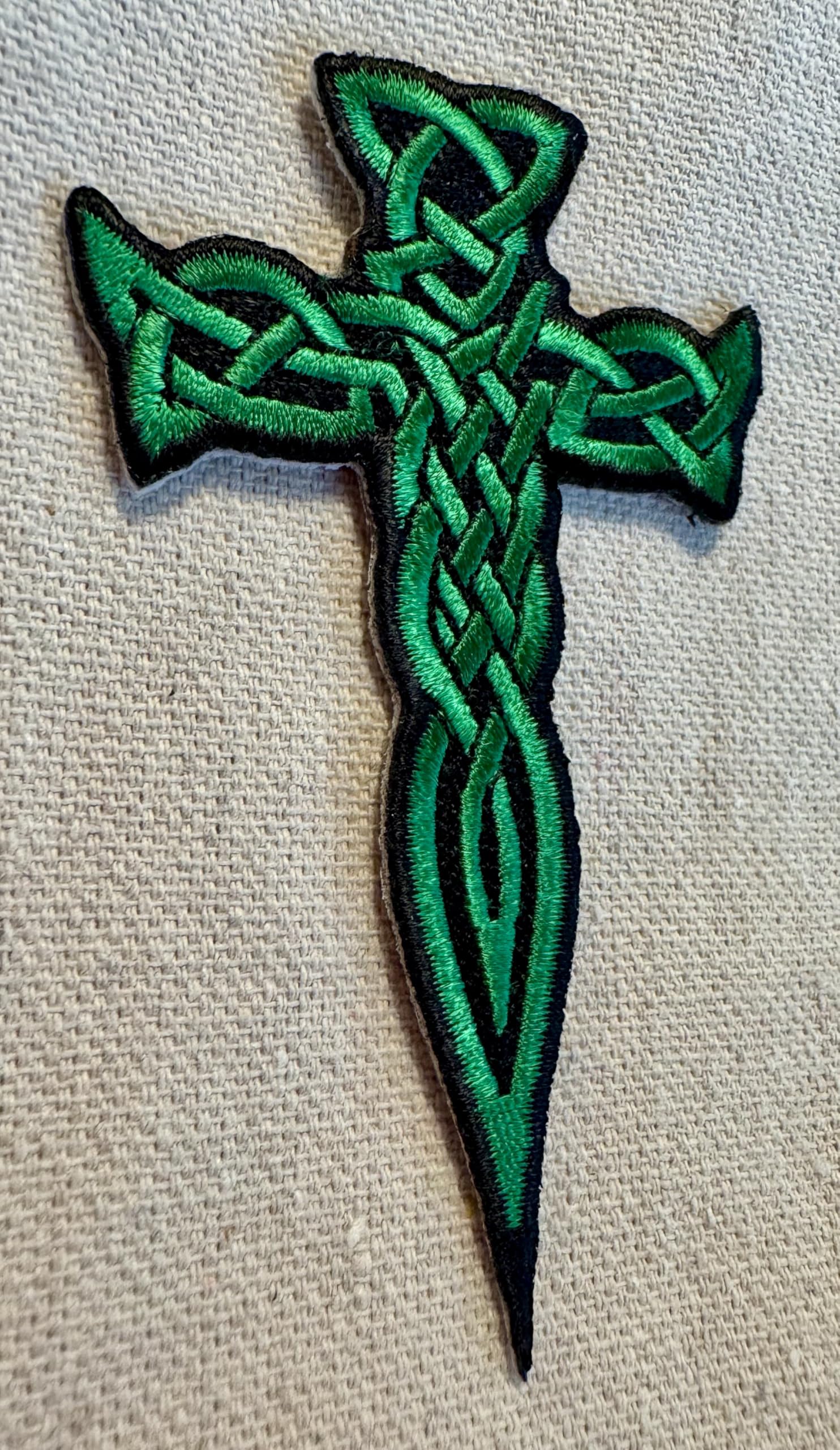 Celtic Cross Dagger Iron-On Patch - Green Embroidered Irish Crucifix Badge for Jackets, Vests & Backpacks - Perfect for St. Patrick's Day & Irish Heritage Events