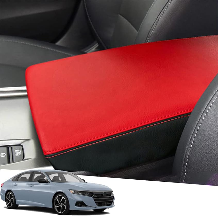 Premium Leather Center Console Cover Armrest Pad Protector for Honda Accord 10th Gen (2018-2022) - Red & Black Car Interior Accessories | Perfect for Daily Commute & Road Trips