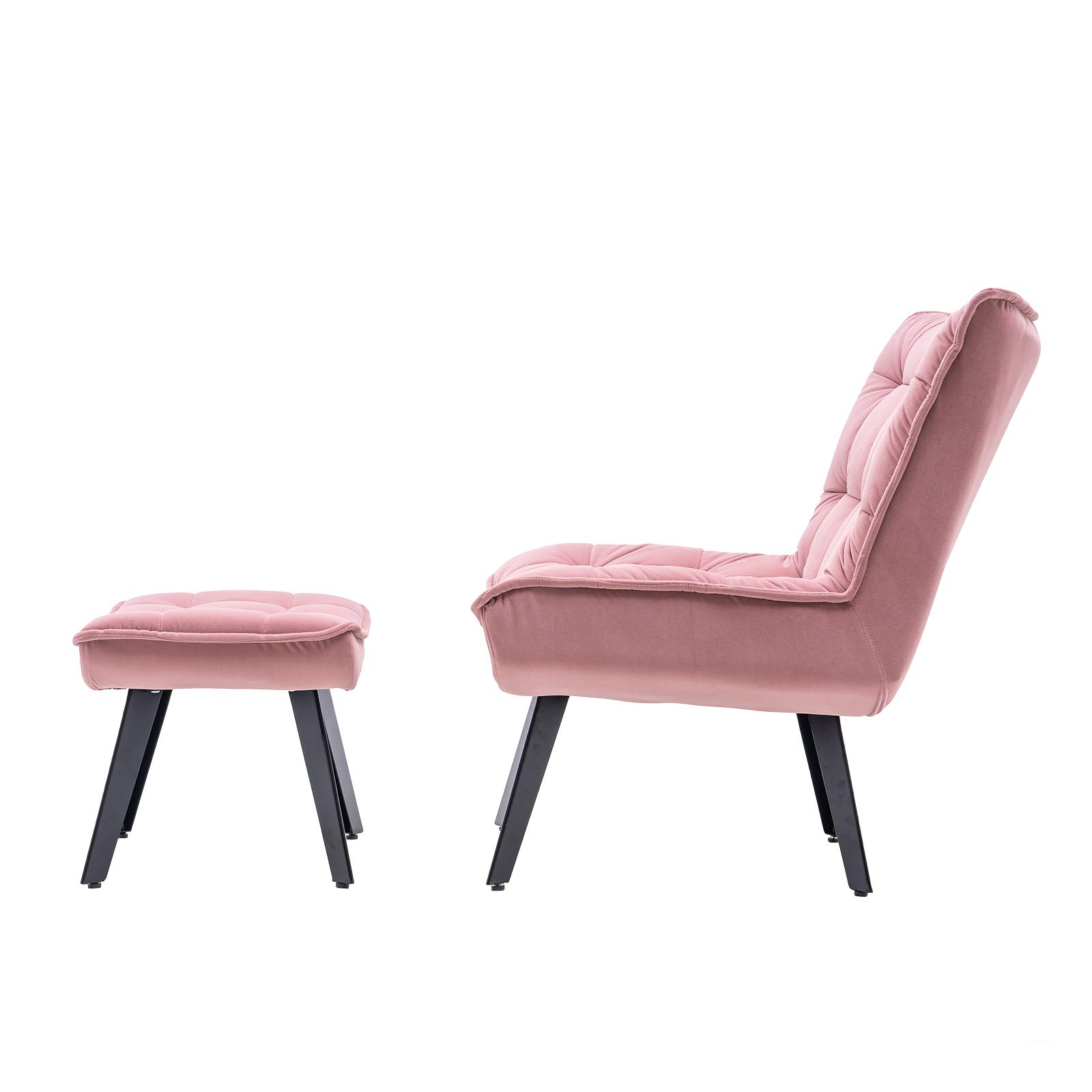 RUNNA Modern Soft Velvet Accent Chair with Ottoman - Pink Living Room Chair, Bedroom Lounge Chair with Black Legs for Home Decor | Perfect for TV Watching, Reading & Relaxing