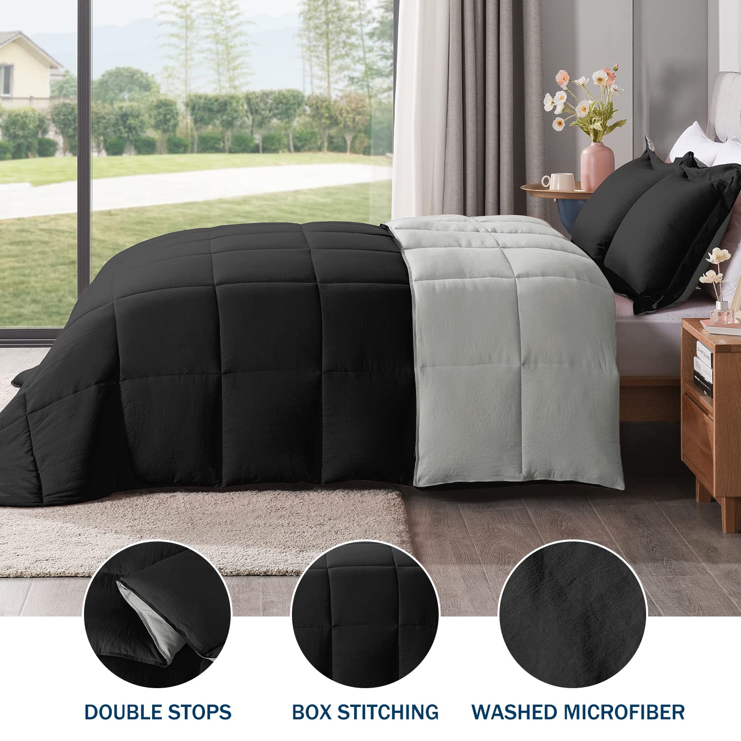 LOVTEX 3-Piece Queen Size Comforter Set - Ultra Soft Washed Microfiber Reversible Down Alternative Bedding in Black & Gray - Includes Comforter & 2 Pillow Shams | Perfect for Master Bedroom, Guest Room & Cozy Winter Nights