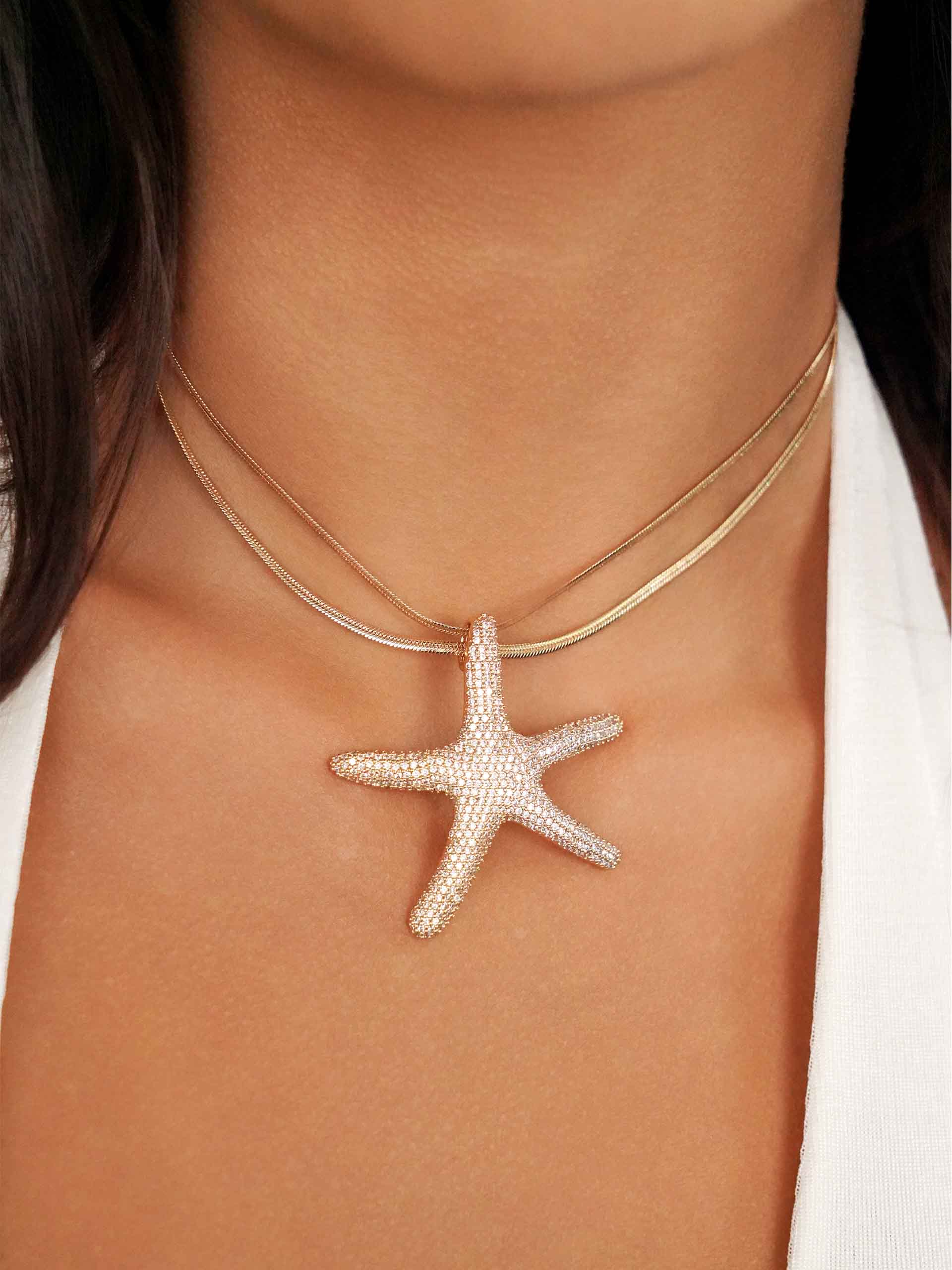 Pavè Starfish Necklace for Women - 14K Gold Plated Dainty Starfish Pendant - Elegant Beach Jewelry Gift for Her - Perfect for Summer Vacations & Beach Weddings