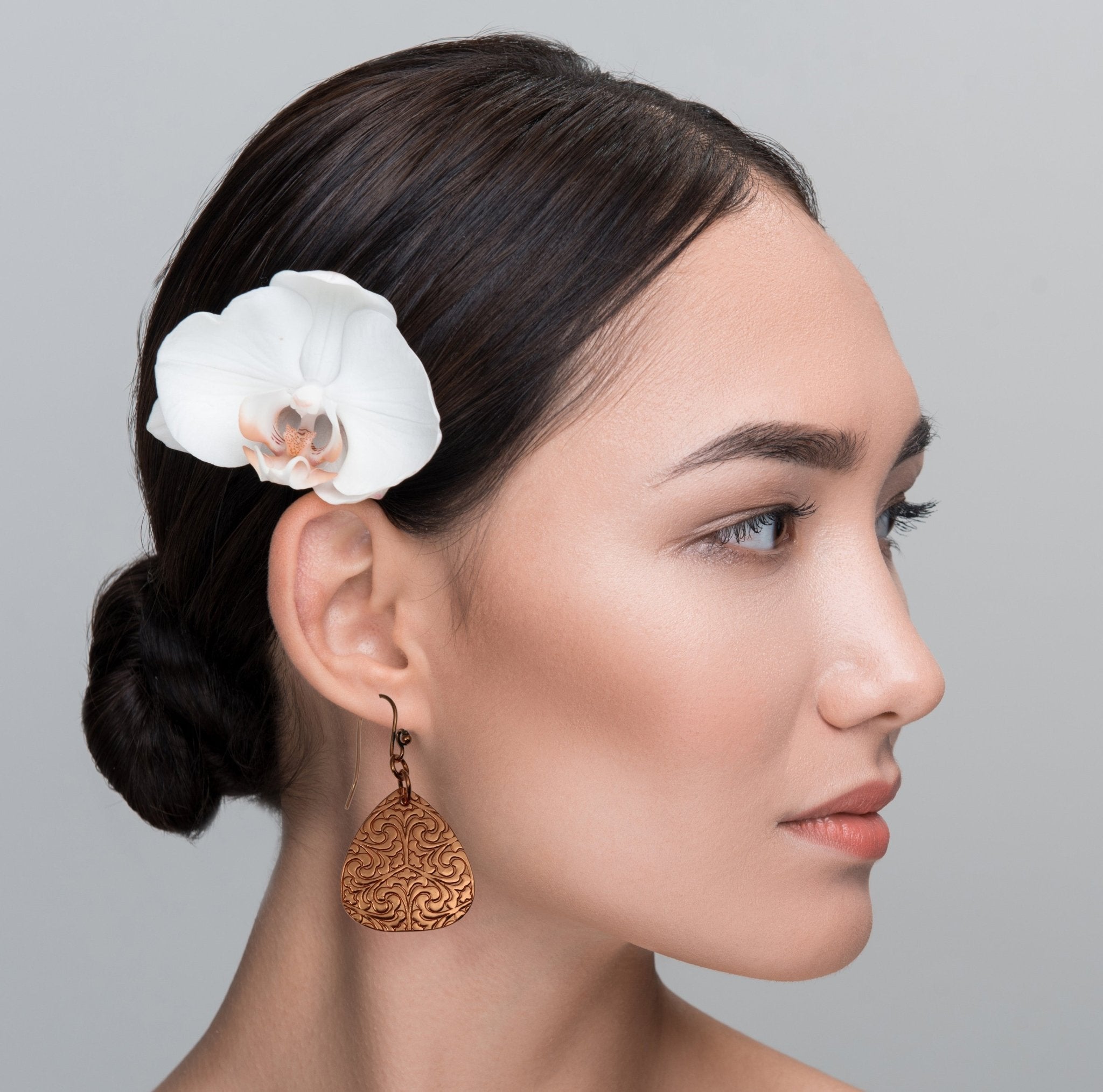 Elegant Damask Embossed Copper Triangle Drop Earrings for Women | Boho Chic Jewelry | Perfect for Parties, Weddings & Date Nights