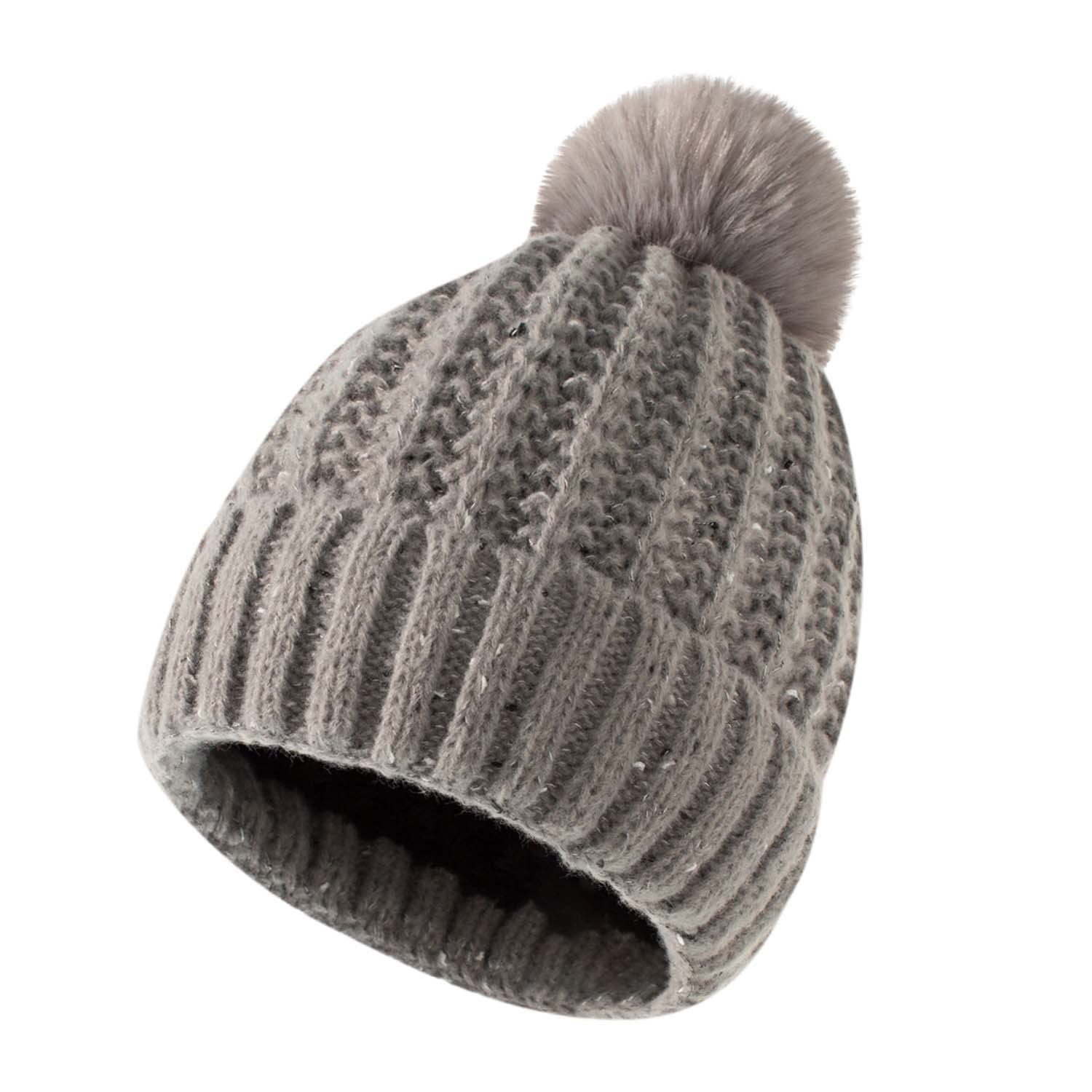 Women's Winter Knit Beanie Hat - Soft Thick Warm Solid Gray Pom Pom Ski Hat for Cold Weather, Outdoor Activities & Casual Wear