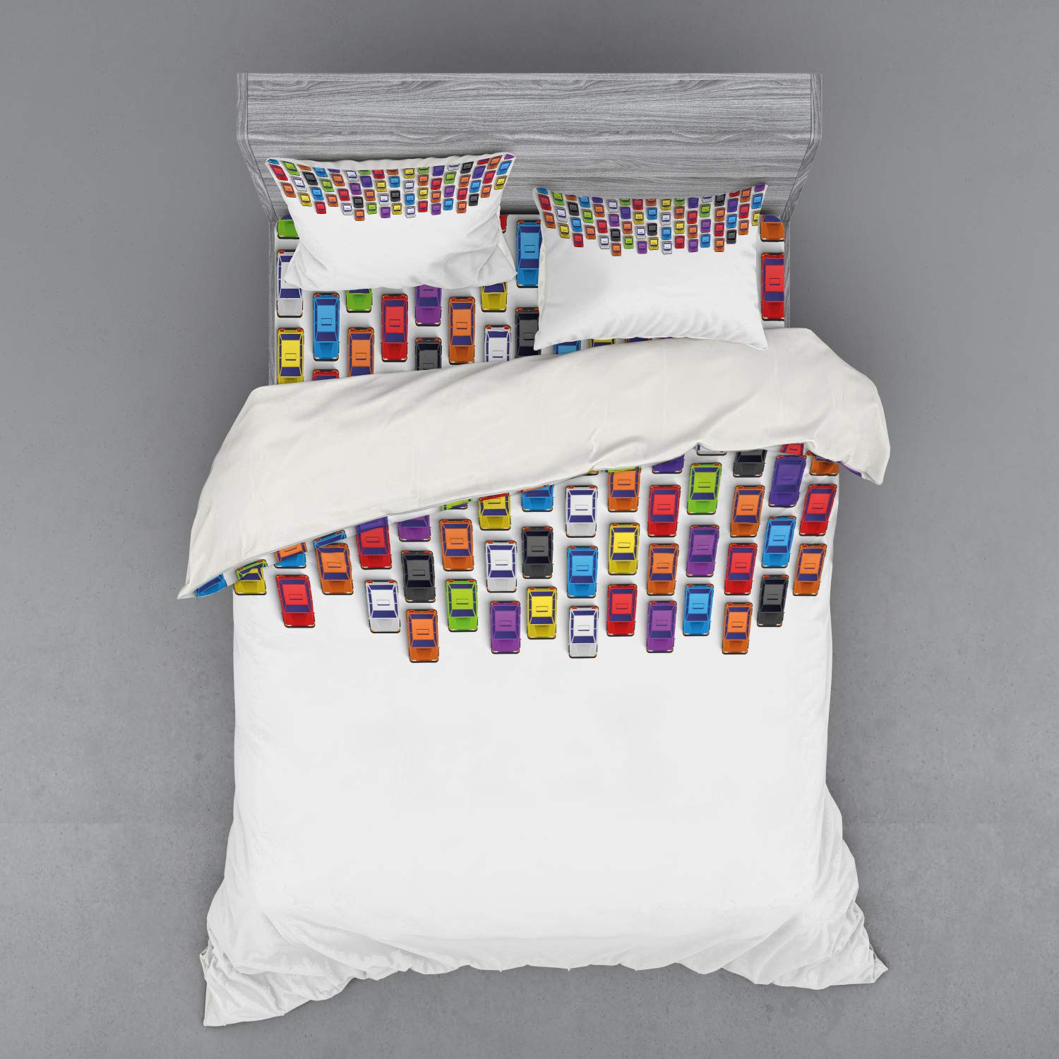 Ambesonne Modern 4-Piece Queen Size Bedding Set - Traffic Jam Cars Urban Life Illustration Duvet Cover with Shams & Fitted Sheet, Multicolor | Stylish Home Decor for Contemporary Bedrooms & Guest Rooms