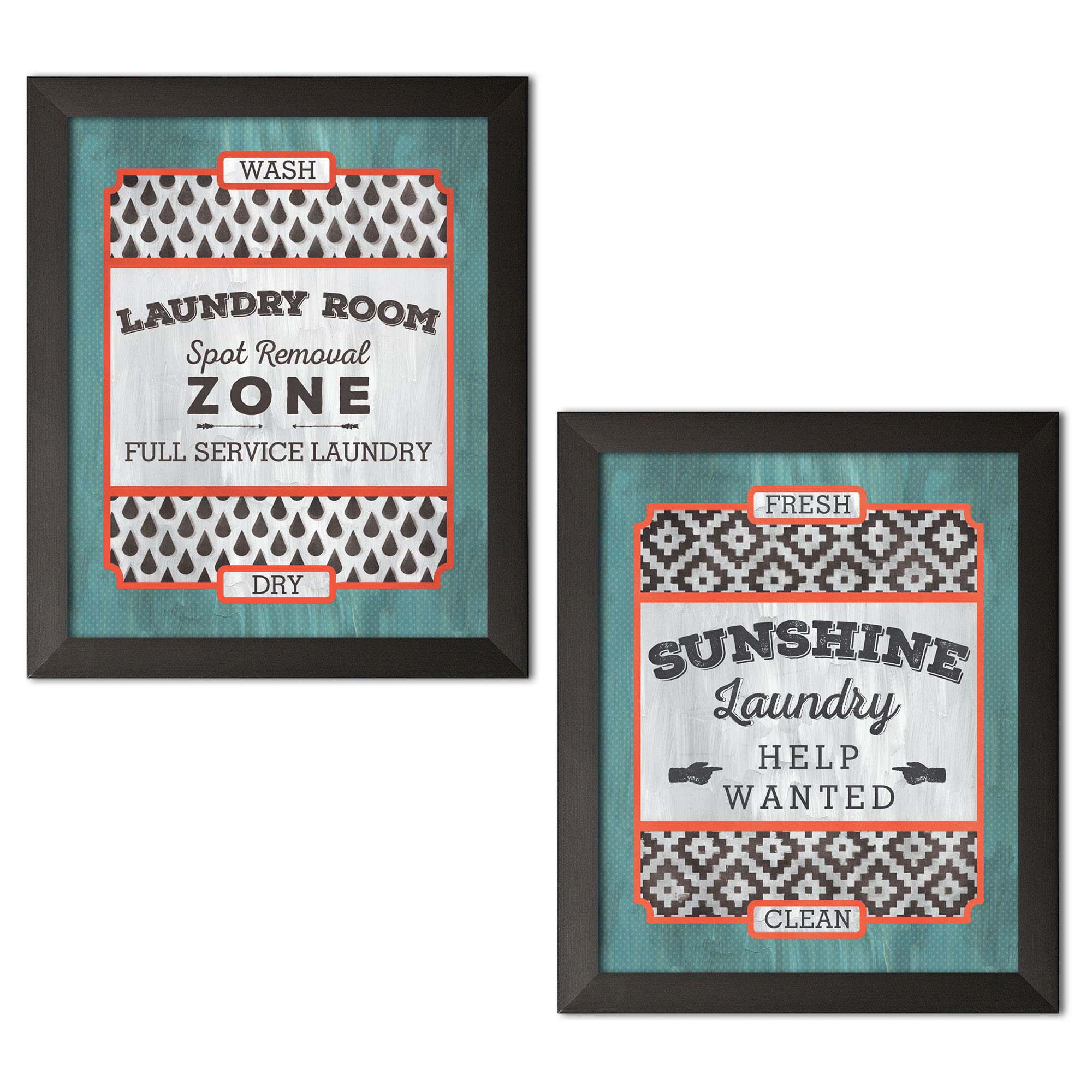 Fun Modern Laundry Signs - Sunshine Laundry Help Wanted & Laundry Room Full Service Art Prints - Set of Two 8x10in Framed Wall Decor - Ready to Hang - Perfect for Laundry Rooms, Bathrooms & Home Decor