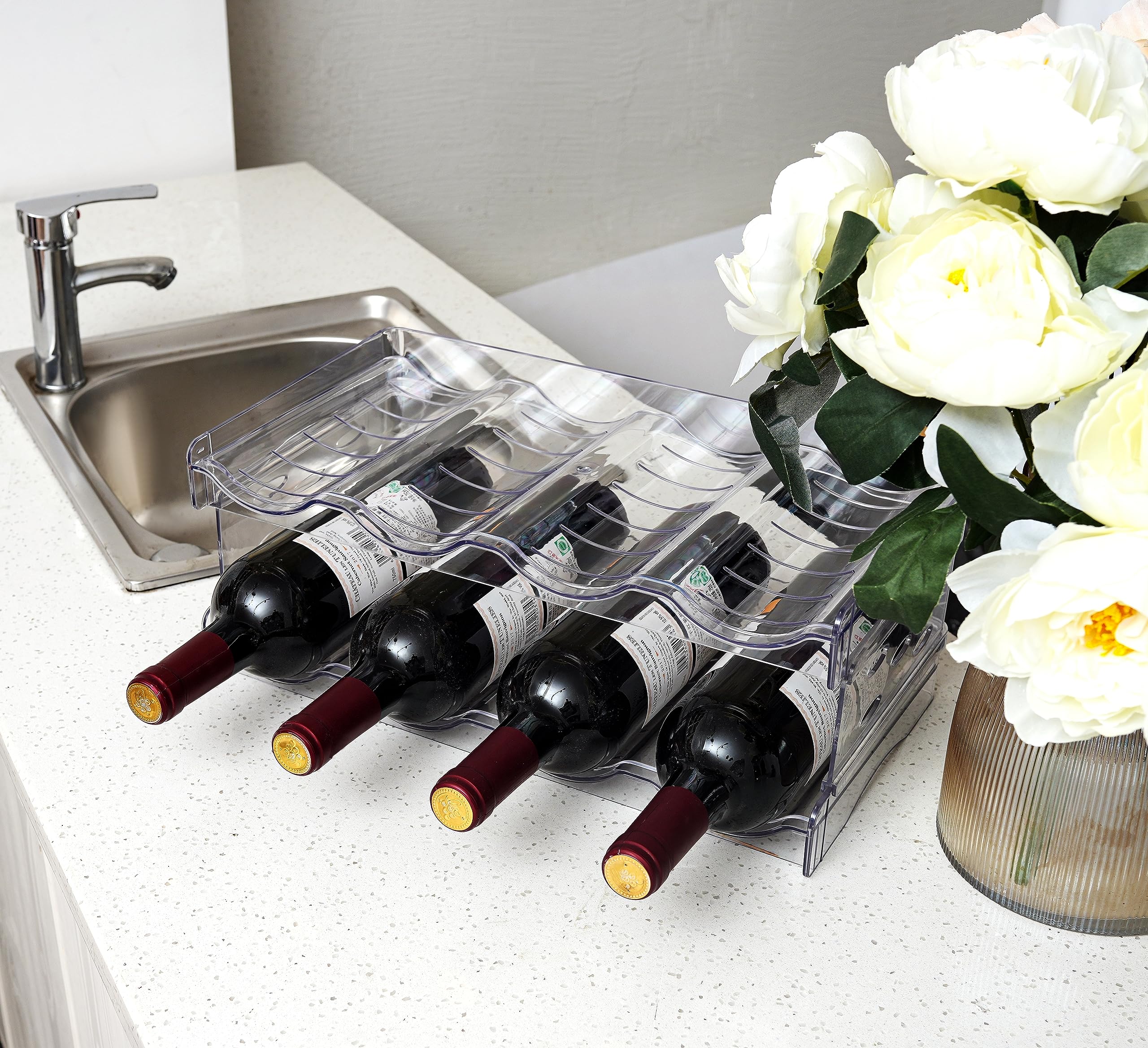 IEEK 2 Pack Clear Plastic Stackable Wine & Water Bottle Organizer - Free Standing Fridge Storage for Cabinet, Refrigerator, Pantry & Kitchen Countertops - Holds 8 Bottles - Perfect for Home, Office & Party Use