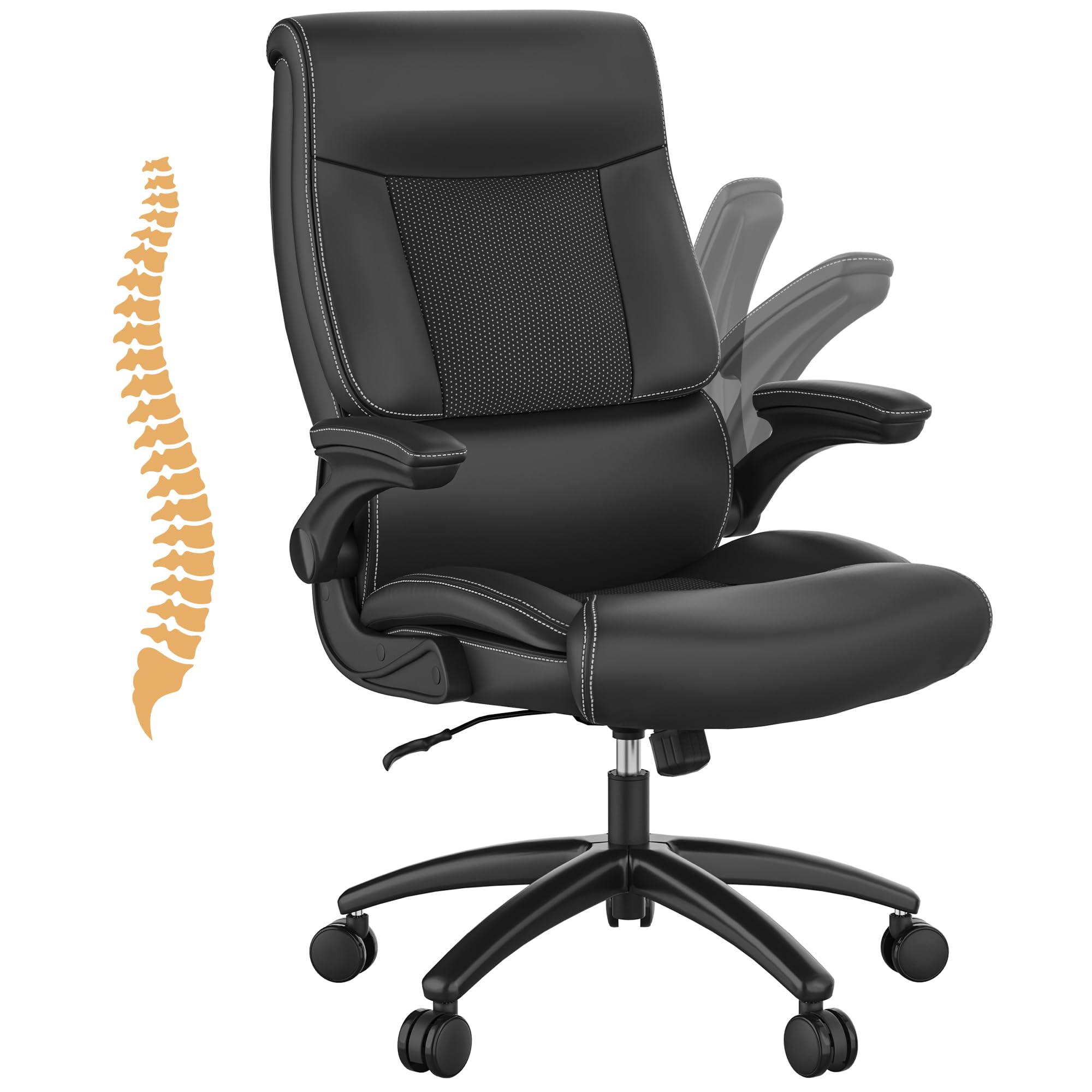 Ergonomic Big and Tall Office Chair - 500LBS Weight Capacity PU Leather Executive Chair with Adjustable Lumbar Support & Flip-Up Armrests - High Back Desk Chair for Home Office, Gaming, and Workspaces - Black