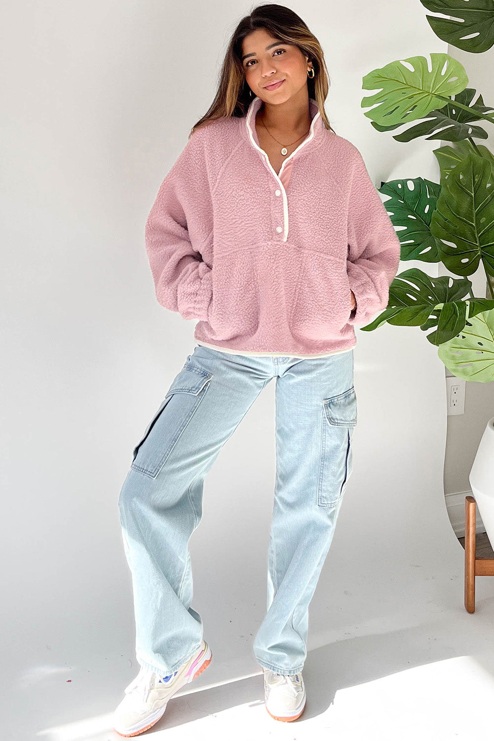 Half Snap Long Sleeve Sweatshirt with Side Slit Pockets - Comfortable Pullover for Women & Men - Perfect for Casual Wear, Workout & Street Fashion