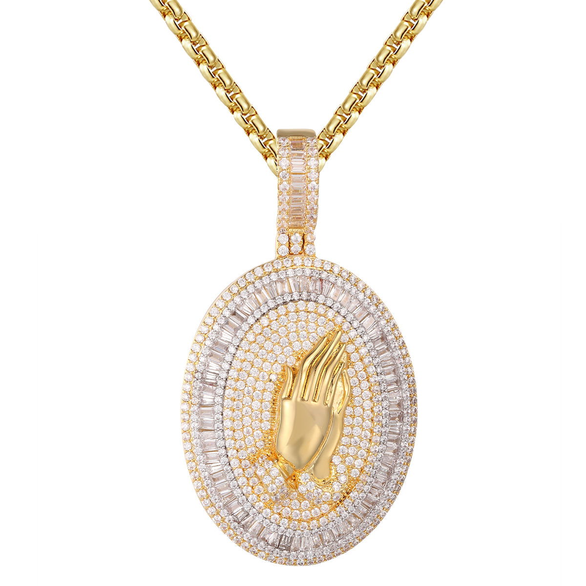 Custom Icy Silver Praying Hands Oval Pendant Necklace - Religious Jewelry for Women & Men - Perfect for Church, Prayer & Daily Wear