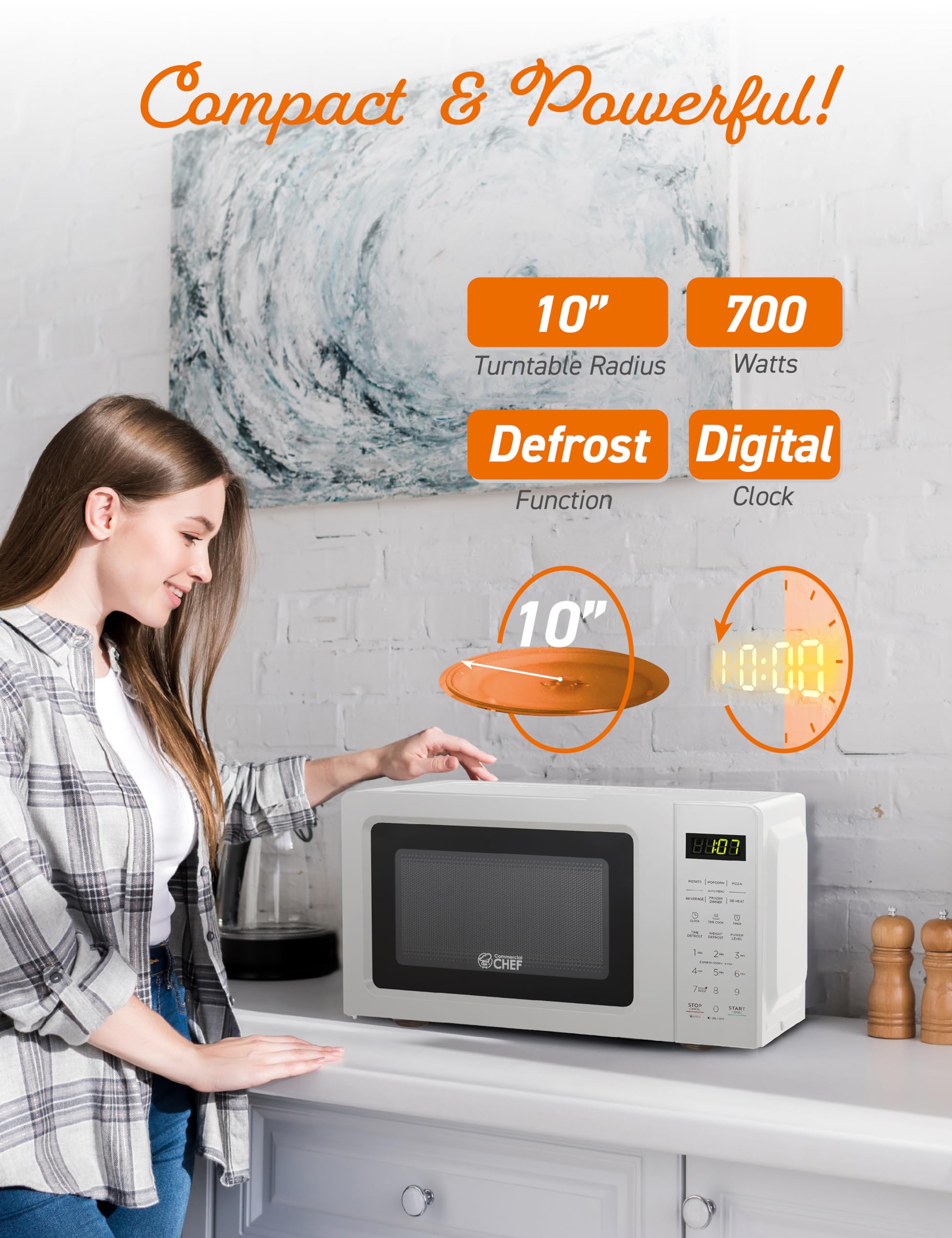 Commercial Chef 0.7 Cu Ft Compact Microwave Oven - 700W Countertop Microwave with 10 Power Levels, Pull Handle, 99-Minute Timer & Digital Display - Perfect for Dorms, Offices & Small Kitchens (White)