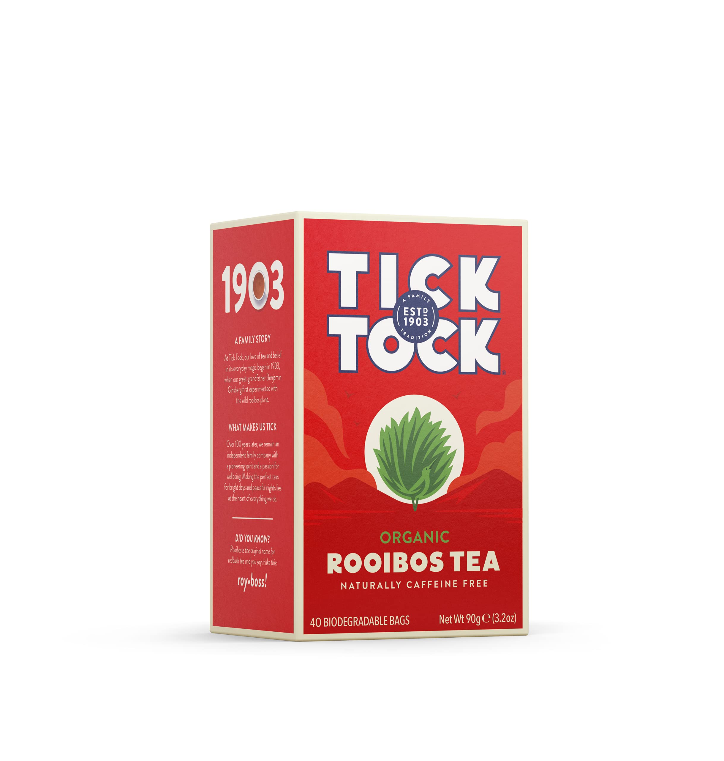 Organic Rooibos Tea Bags - 40 Count | TICK TOCK TEAS | Caffeine-Free Herbal Tea | USDA Certified | Perfect for Relaxation, Stress Relief & Evening Tea Time