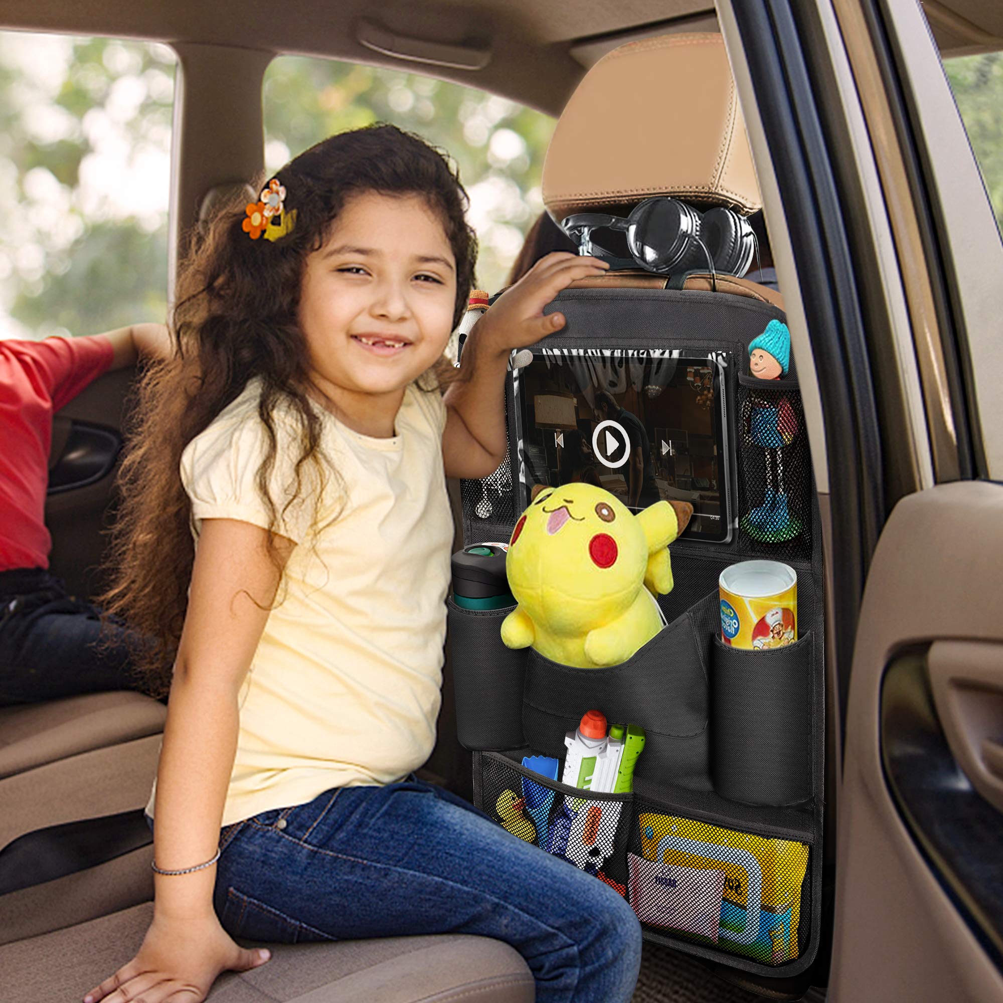 2 Pack Backseat Car Organizer with Kick Mats & Tablet Holder - Multi-Pocket Storage for Toys, Books, Bottles & Baby Travel Essentials | Perfect for Road Trips & Family Car Organization