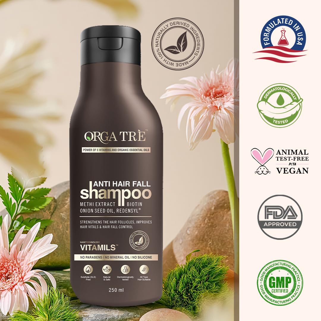 Orgatre Anti Hair Fall Shampoo for Men & Women - Sulfate Free, Paraben Free, Redensyl Enriched (250ml) - Best for Dry & Frizzy Hair Care & Scalp Nourishment | Perfect for Daily Use & Hair Growth Treatment
